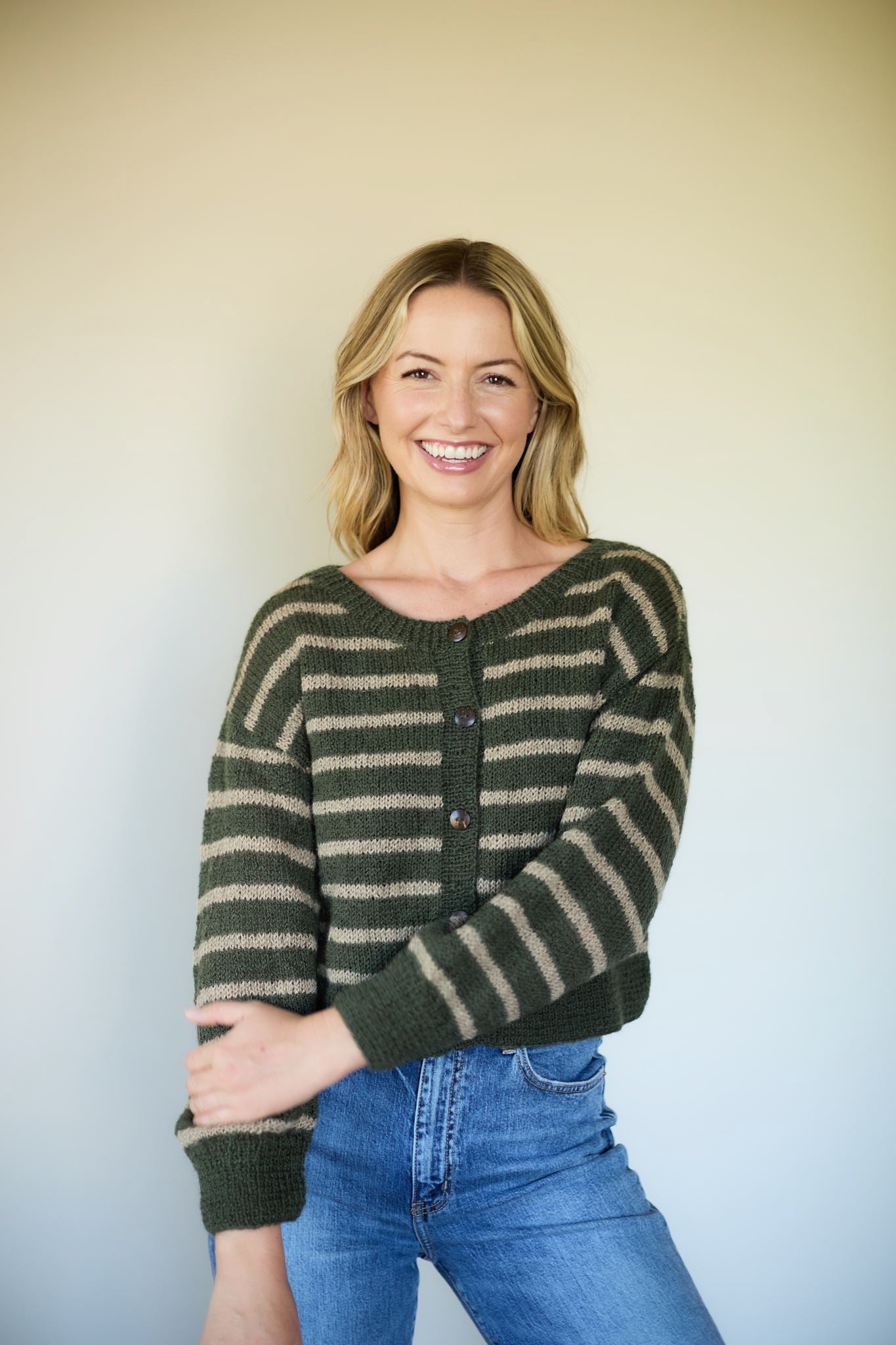 Leota Striped Wool Cardigan in Chestnut and Red Made to Order