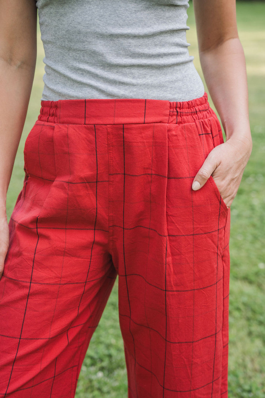 Handwoven Cotton Pants in Red Check Made to Order