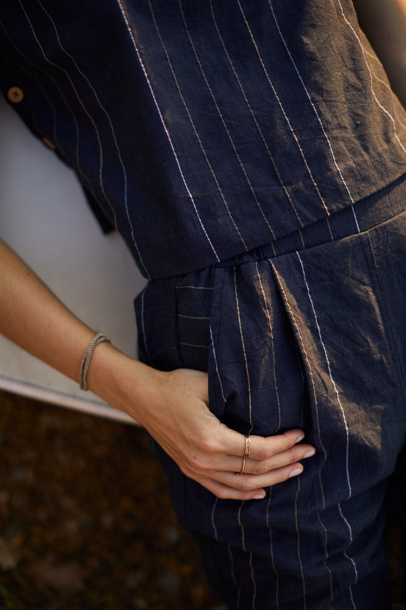 Katie Handwoven Cotton Set in Navy Pin Stripe - Pants in Multiple Sizes and XXL Set Left