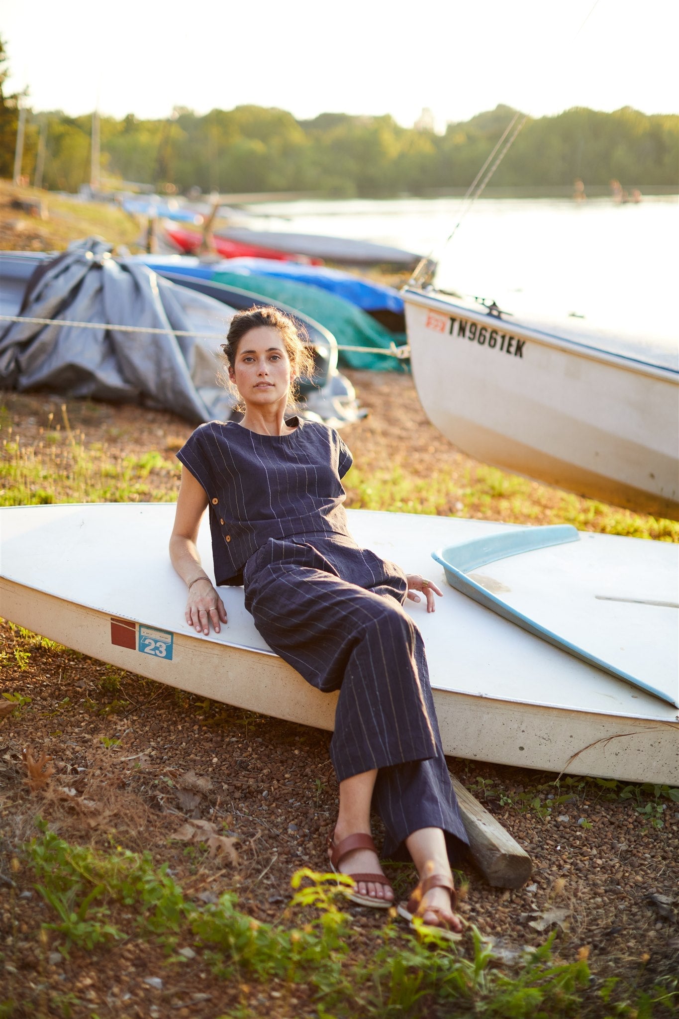 Katie Handwoven Cotton Set in Navy Pin Stripe - Pants in Multiple Sizes and XXL Set Left