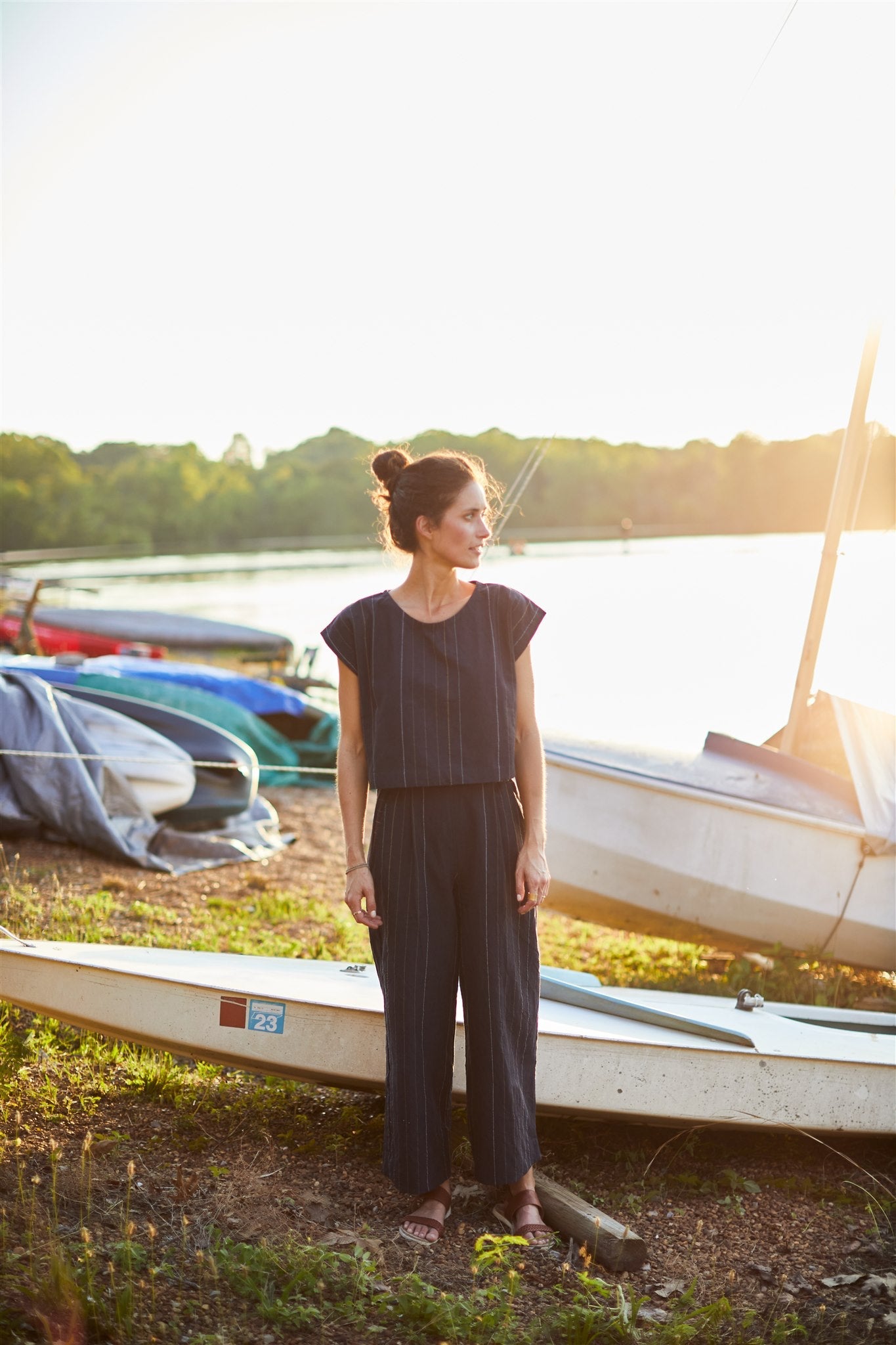 Katie Handwoven Cotton Set in Navy Pin Stripe - Pants in Multiple Sizes and XXL Set Left