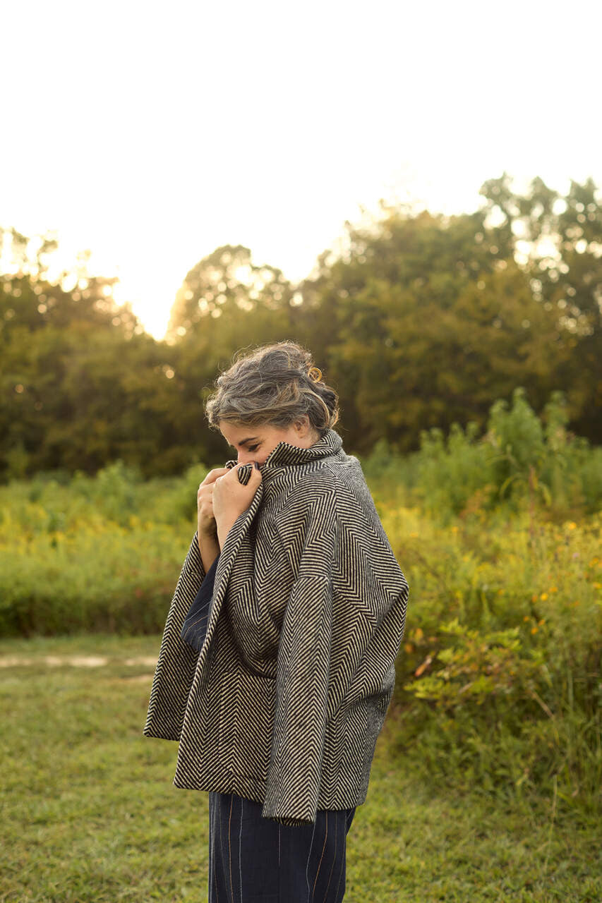 Portuguese Wool Pieper Coat in Black and Cream Thin Herringbone Made to Order