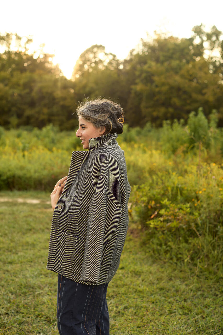 Portuguese Wool Pieper Coat in Black and Cream Thin Herringbone Made to Order