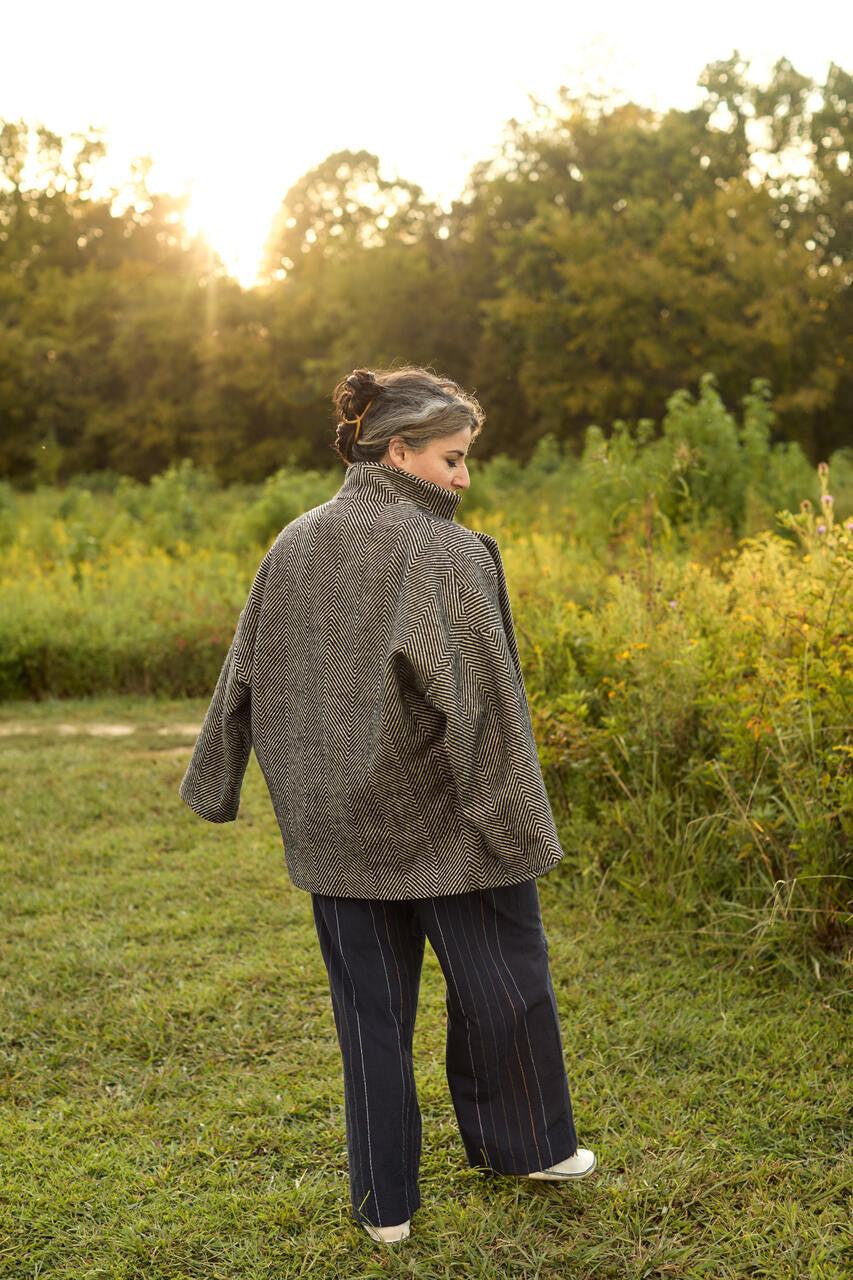 Portuguese Wool Pieper Coat in Black and Cream Thin Herringbone Made to Order