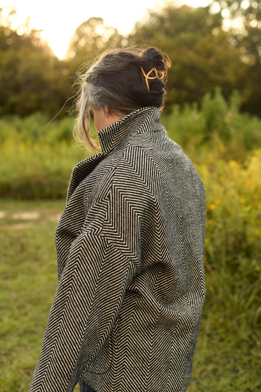 Portuguese Wool Pieper Coat in Black and Cream Thin Herringbone Made to Order