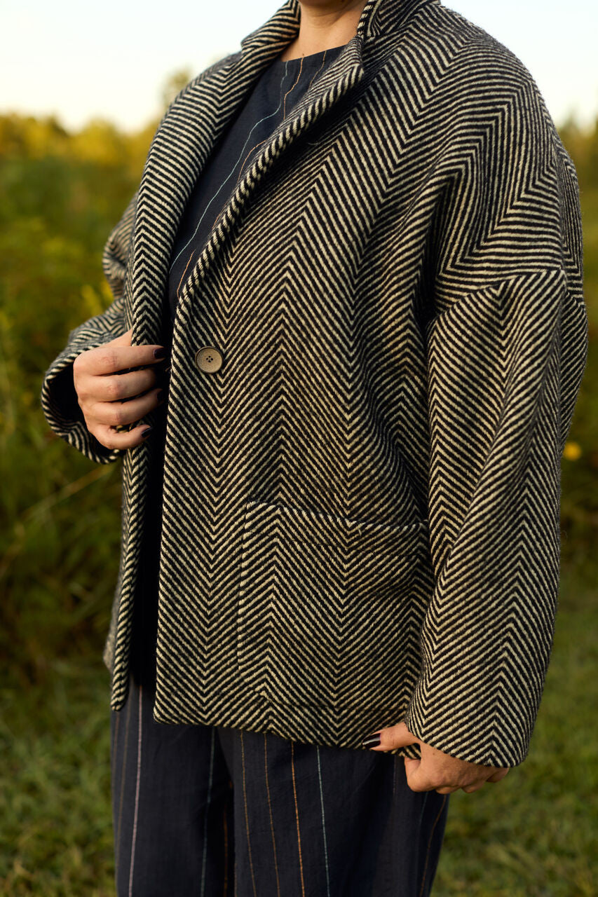 Portuguese Wool Pieper Coat in Black and Cream Thin Herringbone Made to Order