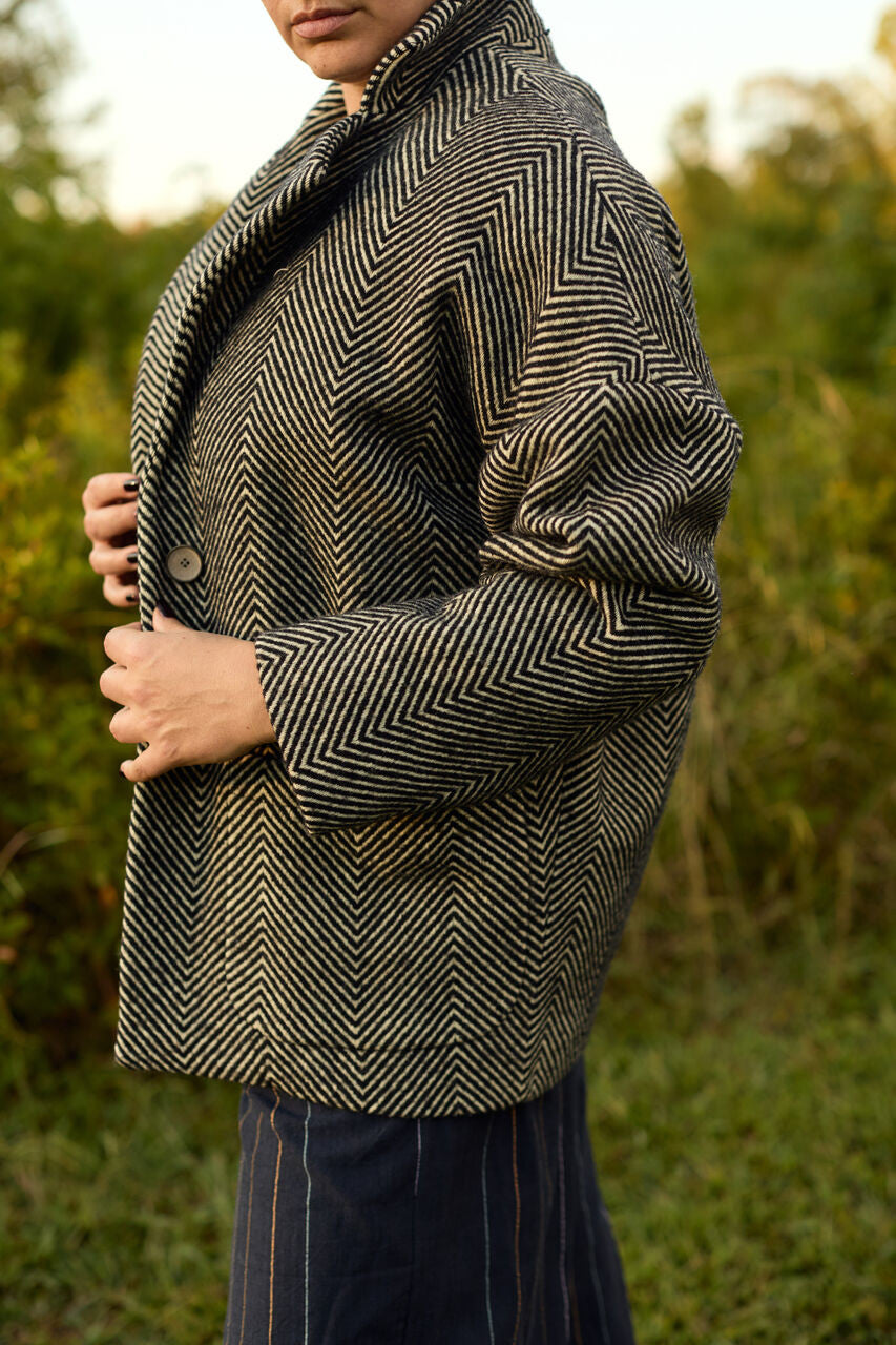 Portuguese Wool Pieper Coat in Black and Cream Thin Herringbone Made to Order