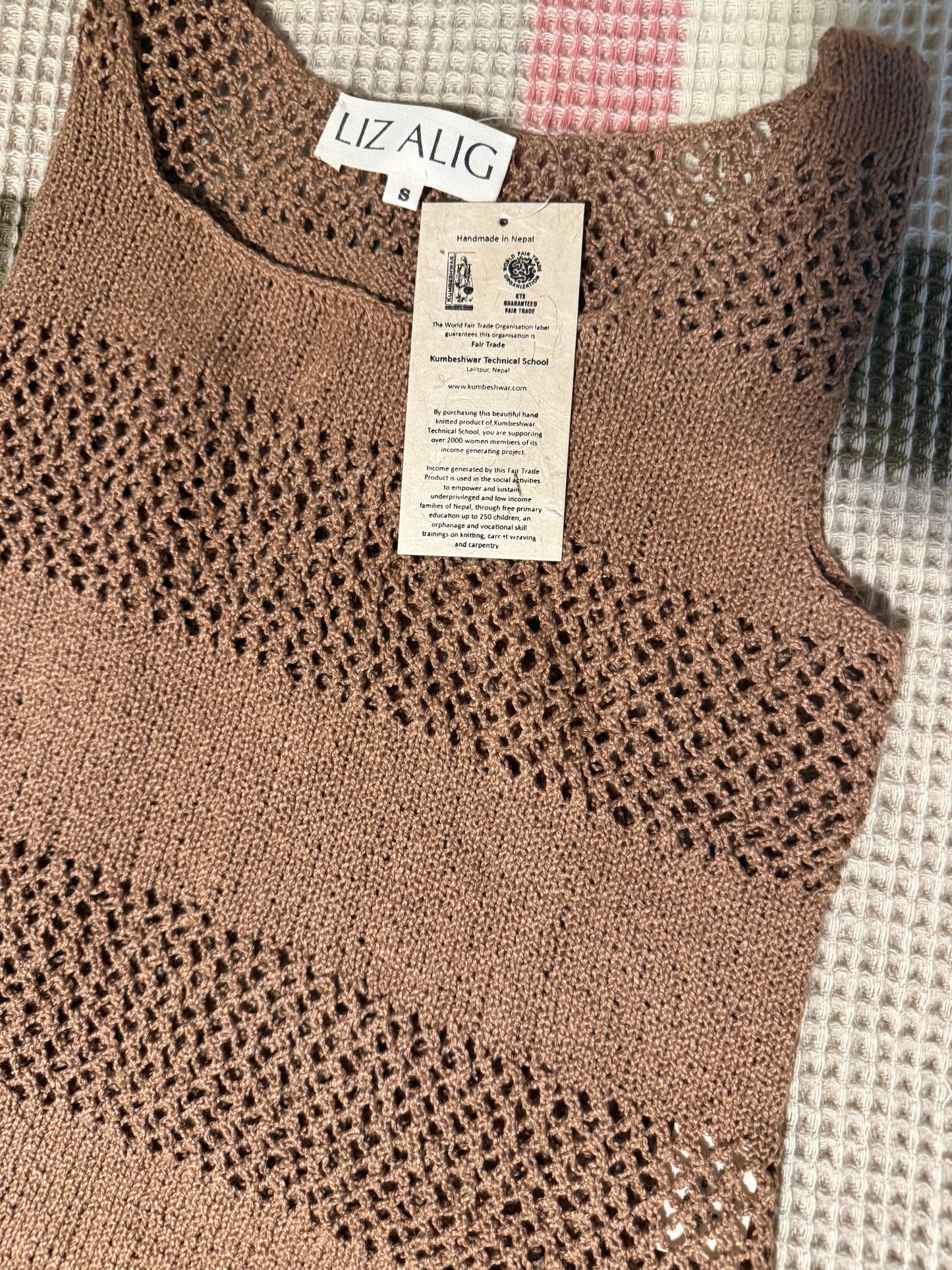 Lindy Hand Knit Cotton Lace Tank in Mauve Brown