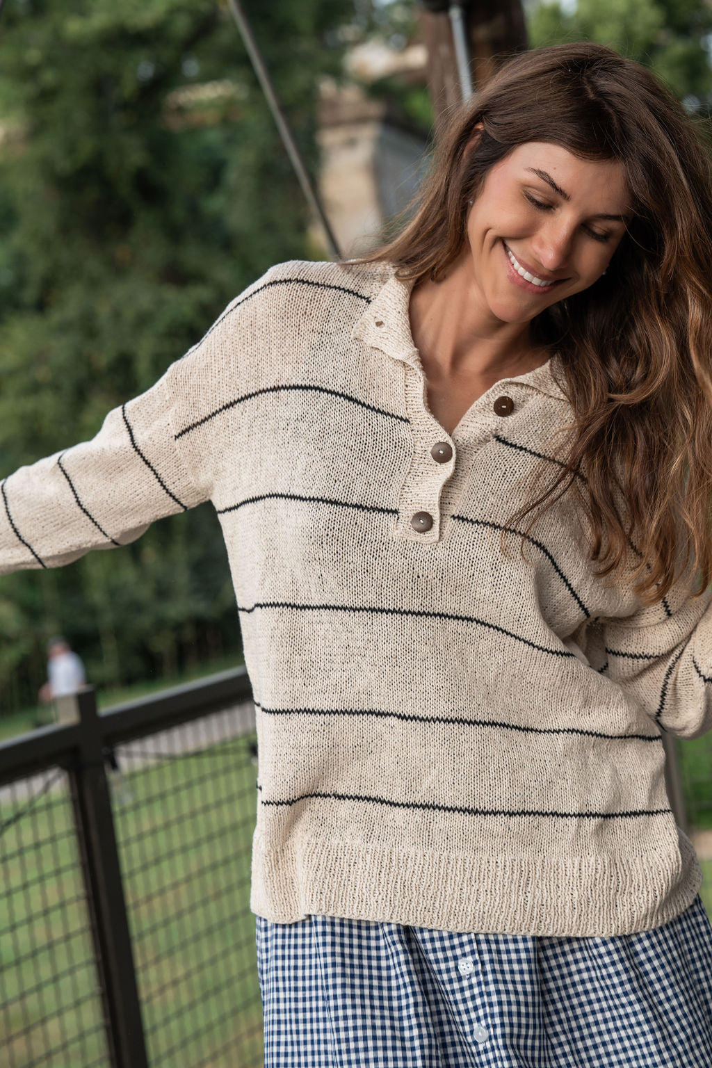 Dorothy Cotton Sweater in Cream and Black Stripe Made to Order