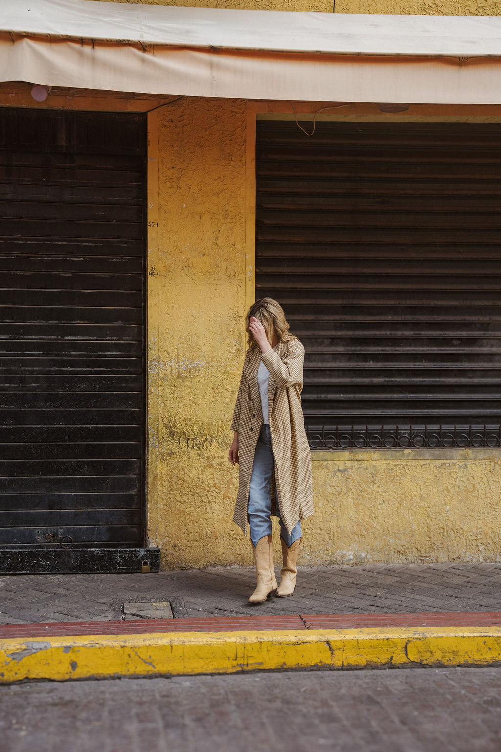 Portuguese Wool Polly Coat in Mustard and Cream Check Made to Order