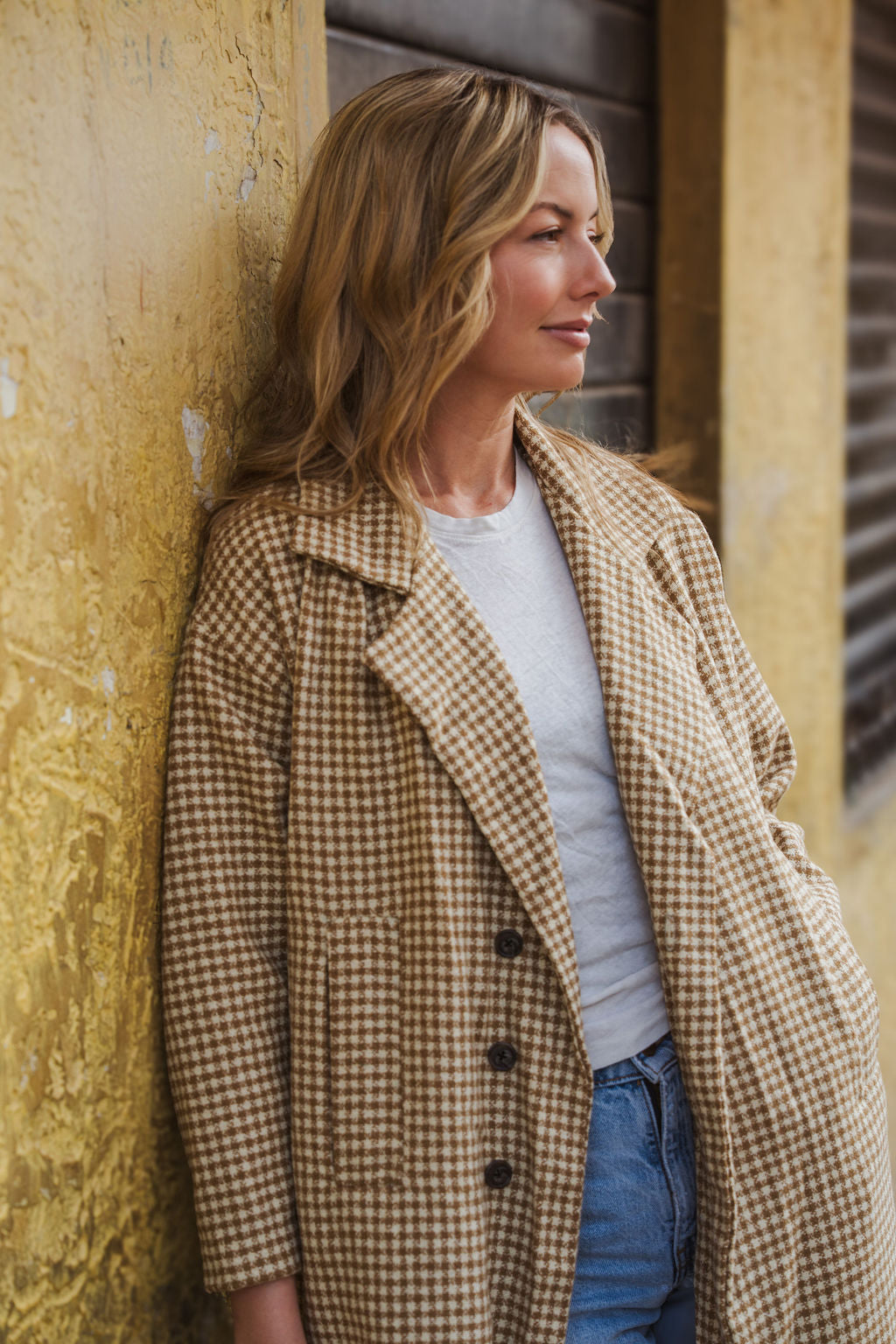 Portuguese Wool Polly Coat in Mustard and Cream Check Made to Order