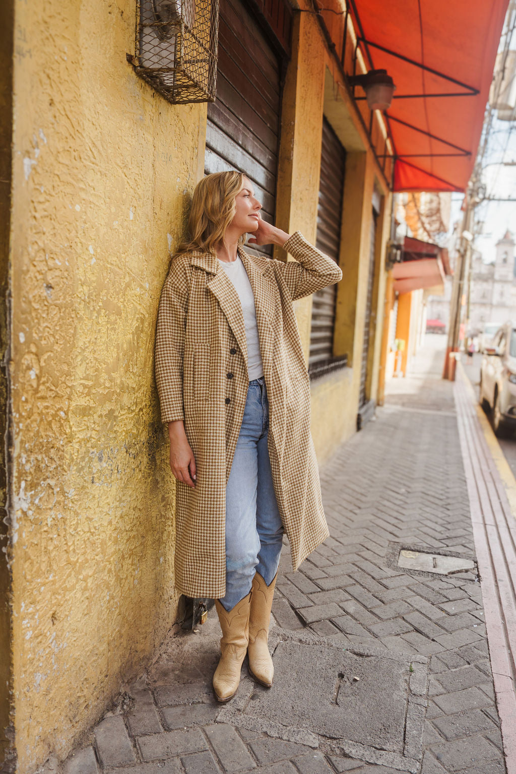 Portuguese Wool Polly Coat in Mustard and Cream Check Made to Order
