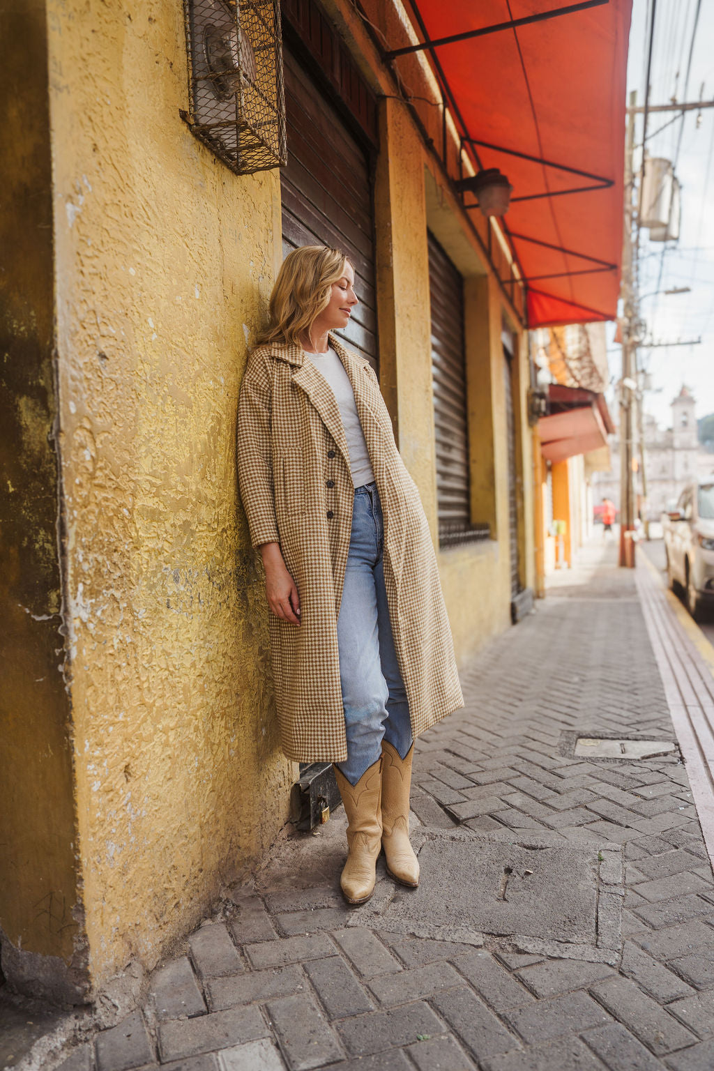 Portuguese Wool Polly Coat in Mustard and Cream Check Made to Order