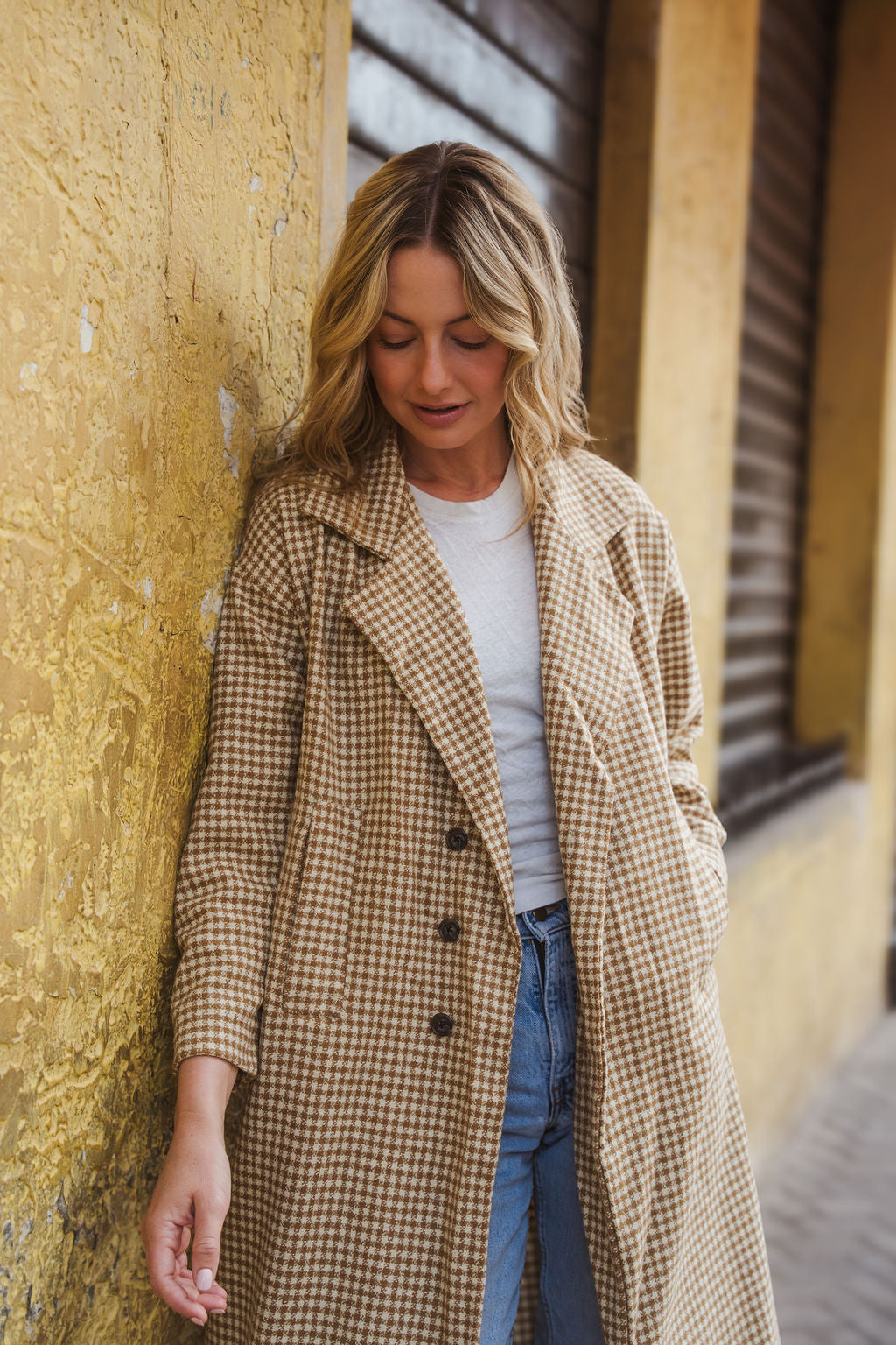 Portuguese Wool Polly Coat in Mustard and Cream Check Made to Order
