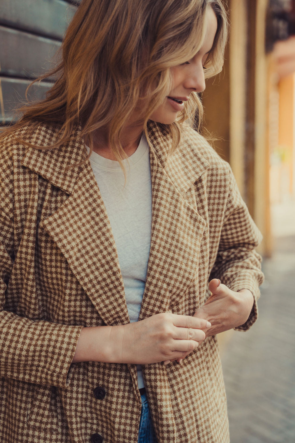 Portuguese Wool Polly Coat in Mustard and Cream Check Made to Order