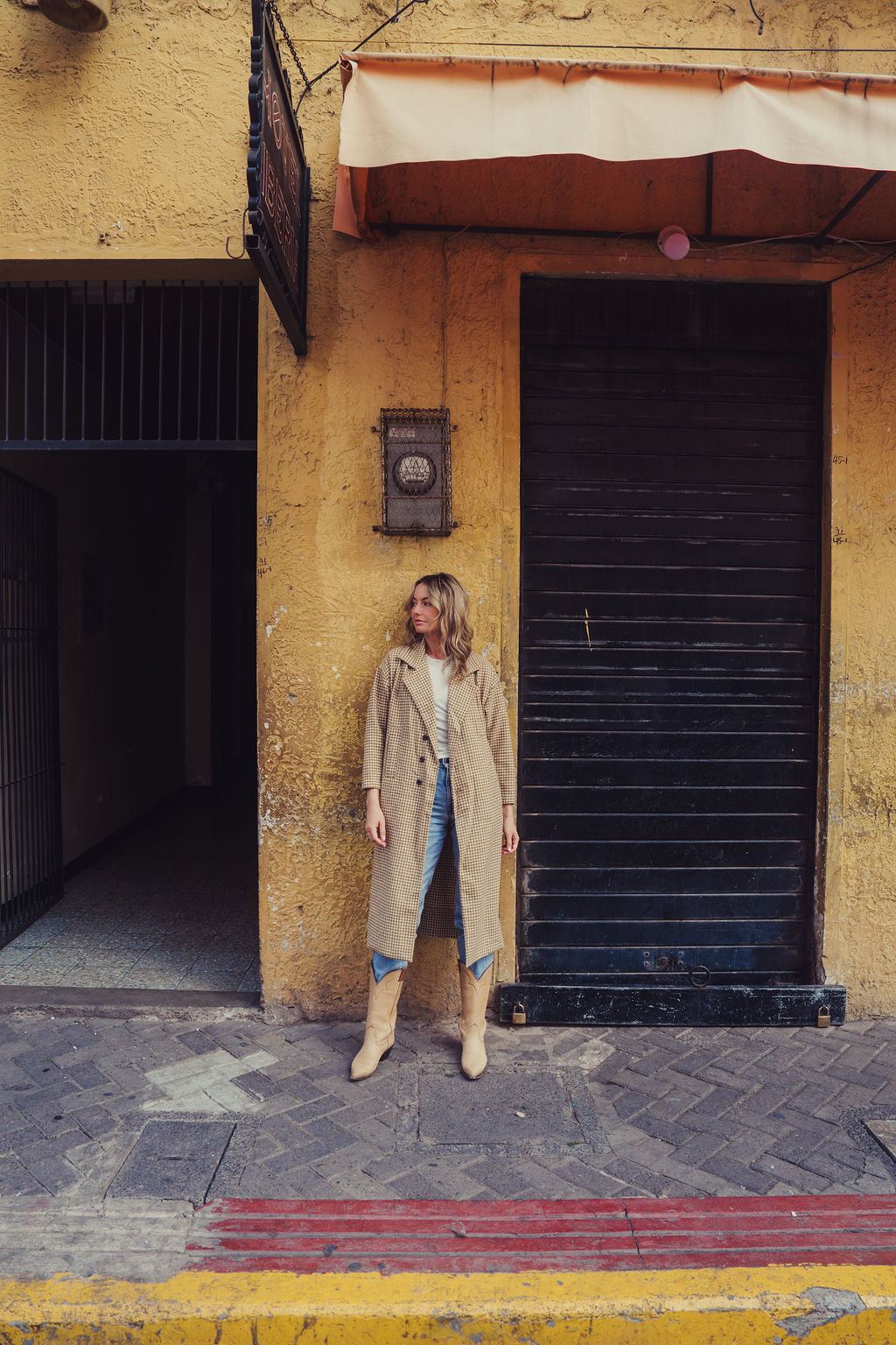 Portuguese Wool Polly Coat in Mustard and Cream Check Made to Order