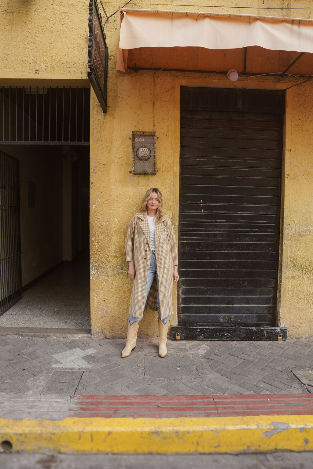 Portuguese Wool Polly Coat in Mustard and Cream Check Made to Order