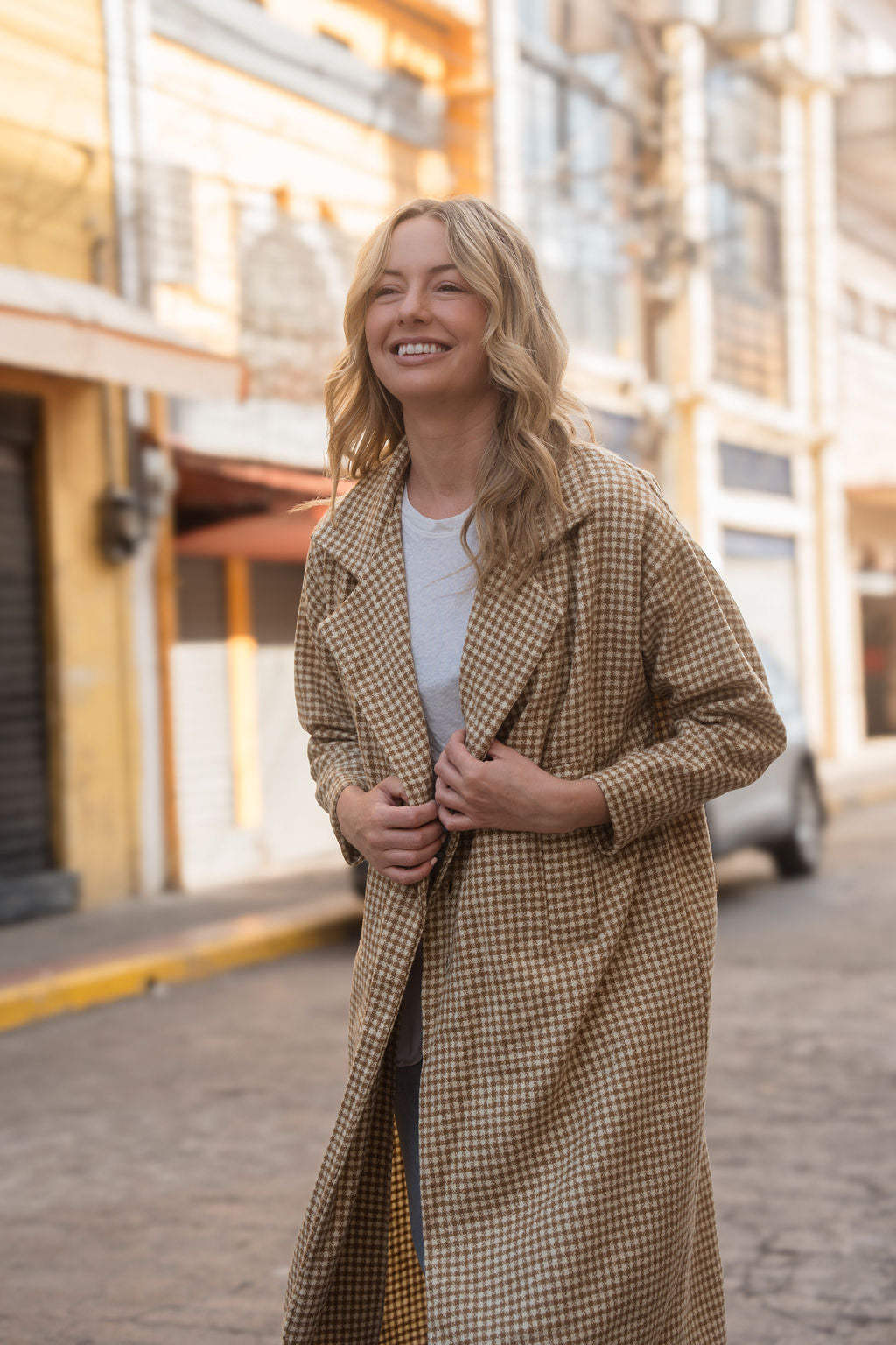 Portuguese Wool Polly Coat in Mustard and Cream Check Made to Order