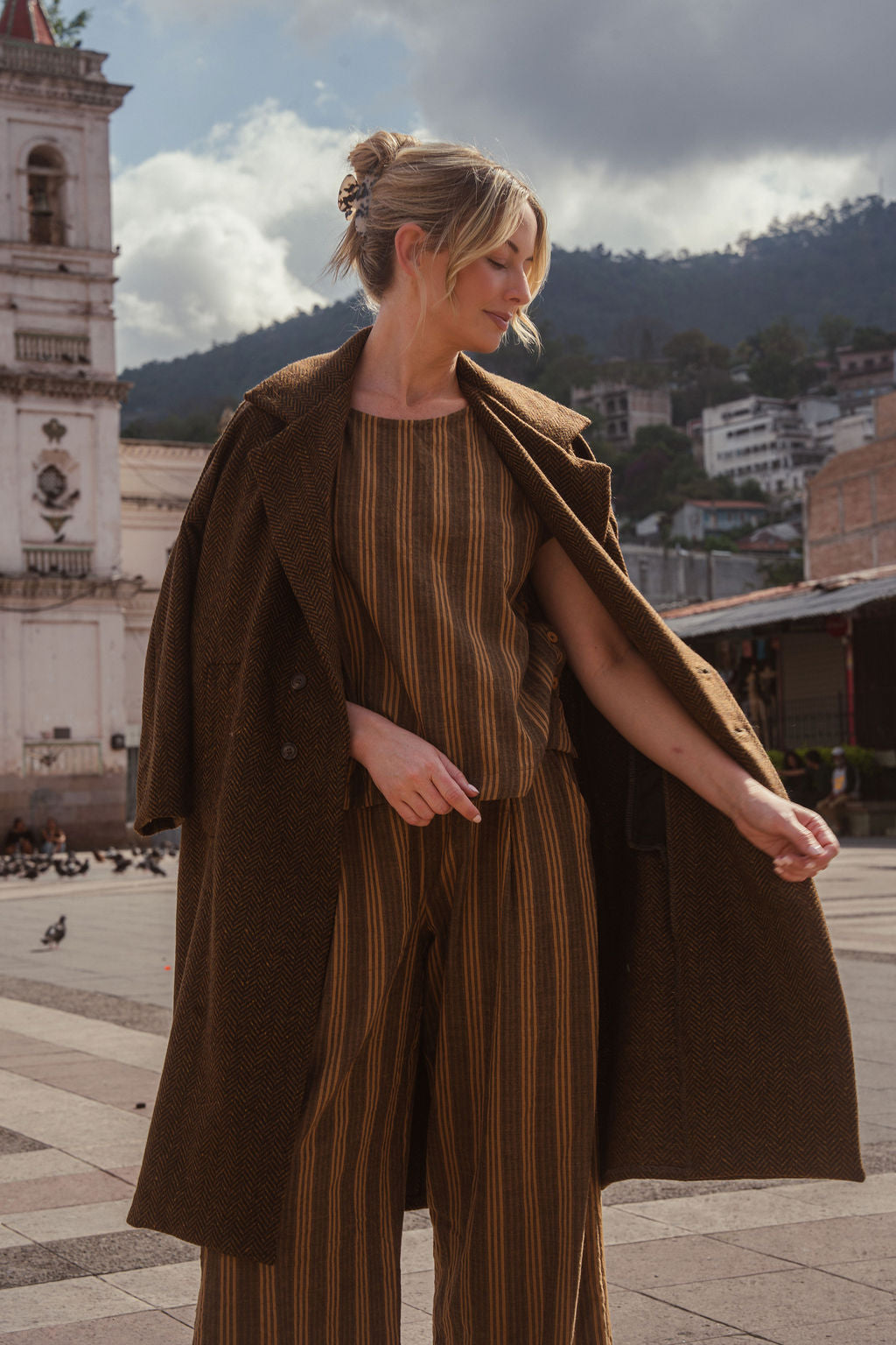 Portuguese Wool Polly Coat in Black and Brown Small Herringbone Made to Order
