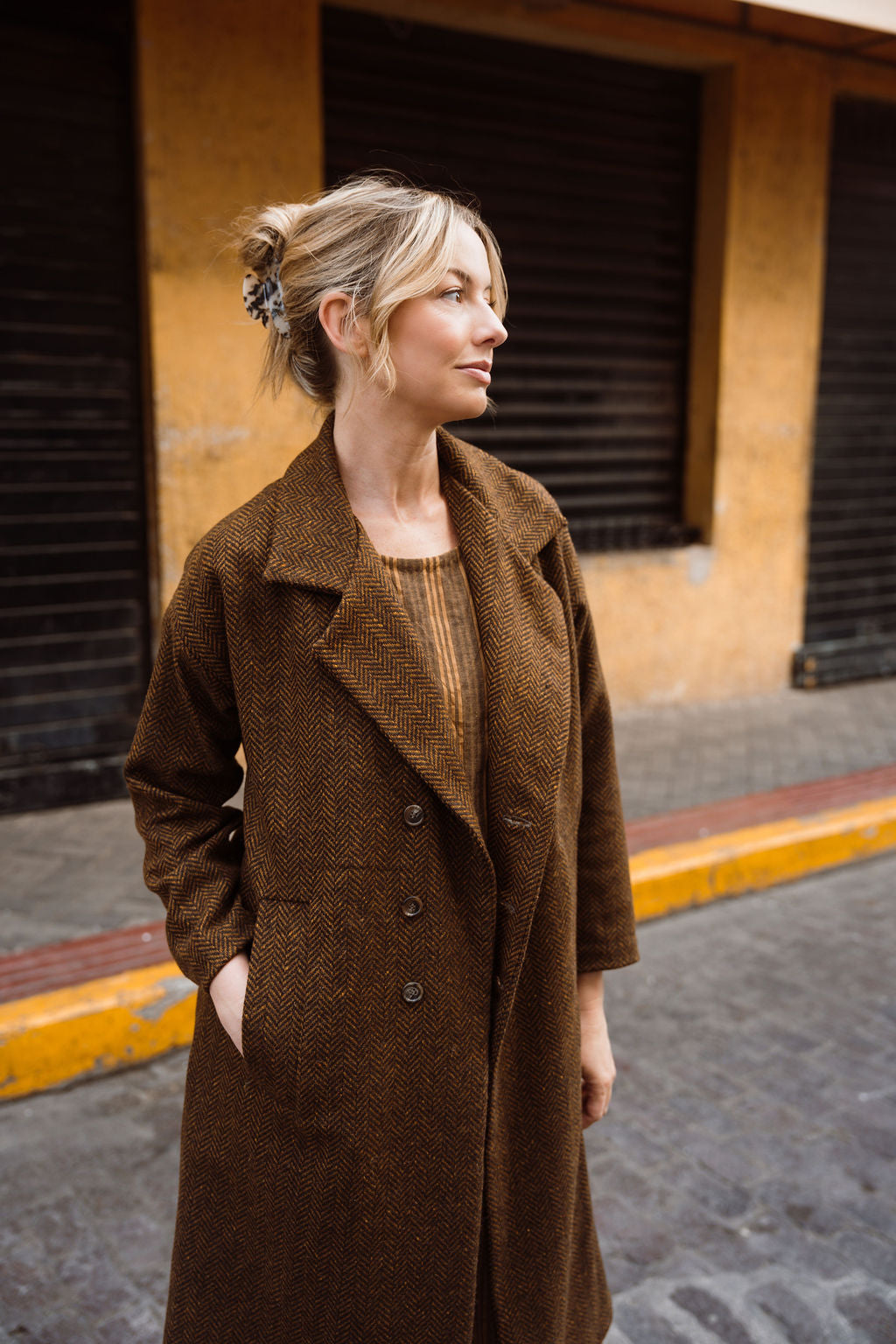 Portuguese Wool Polly Coat in Black and Brown Small Herringbone Made to Order