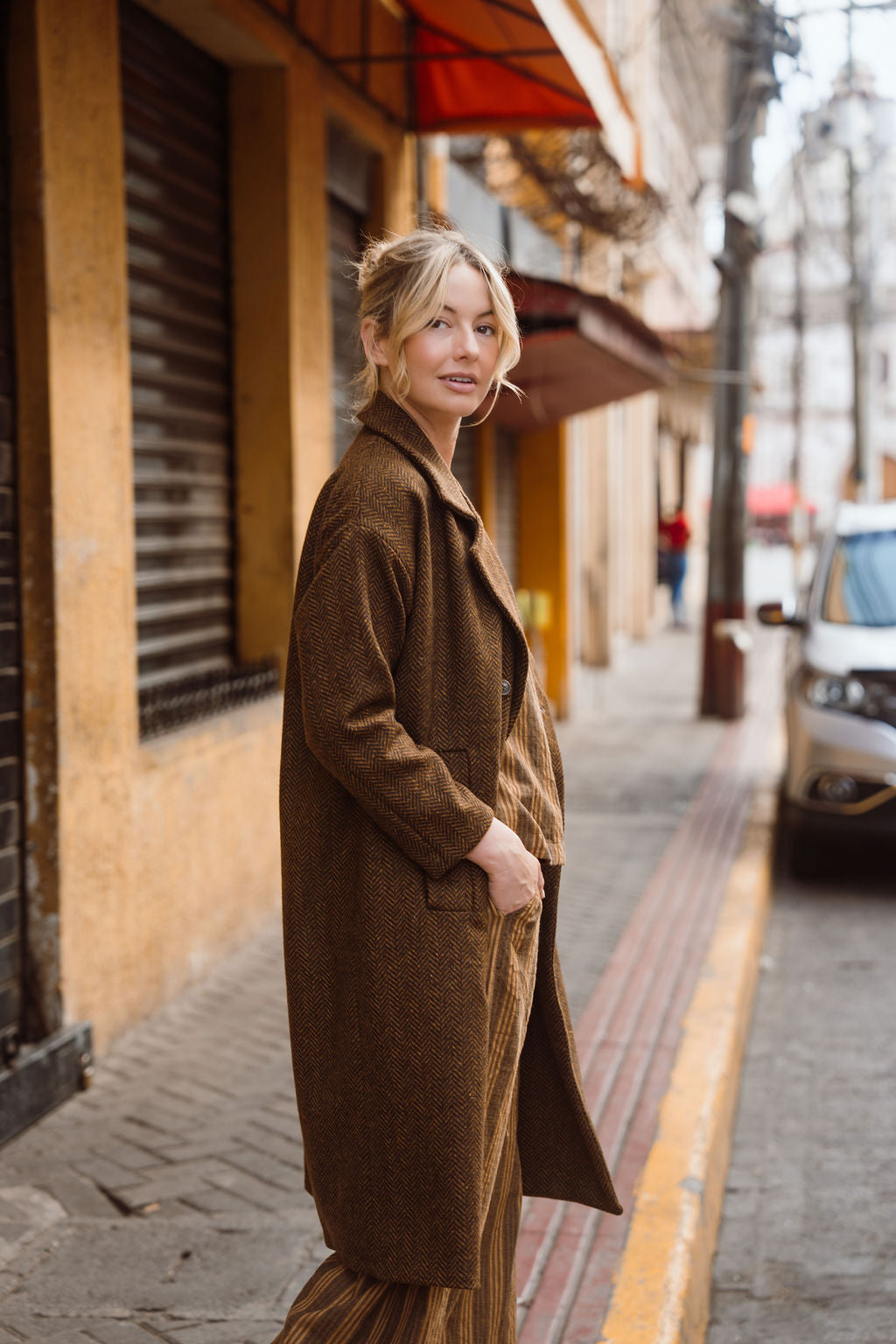 Portuguese Wool Polly Coat in Black and Brown Small Herringbone Made to Order