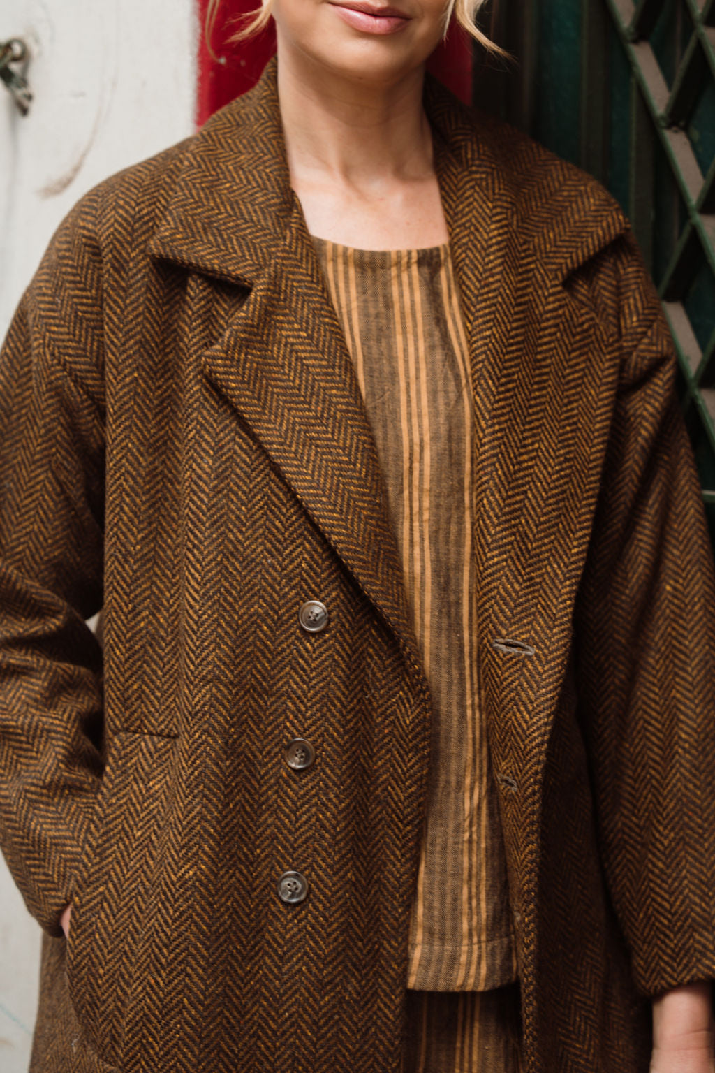 Portuguese Wool Polly Coat in Black and Brown Small Herringbone Made to Order