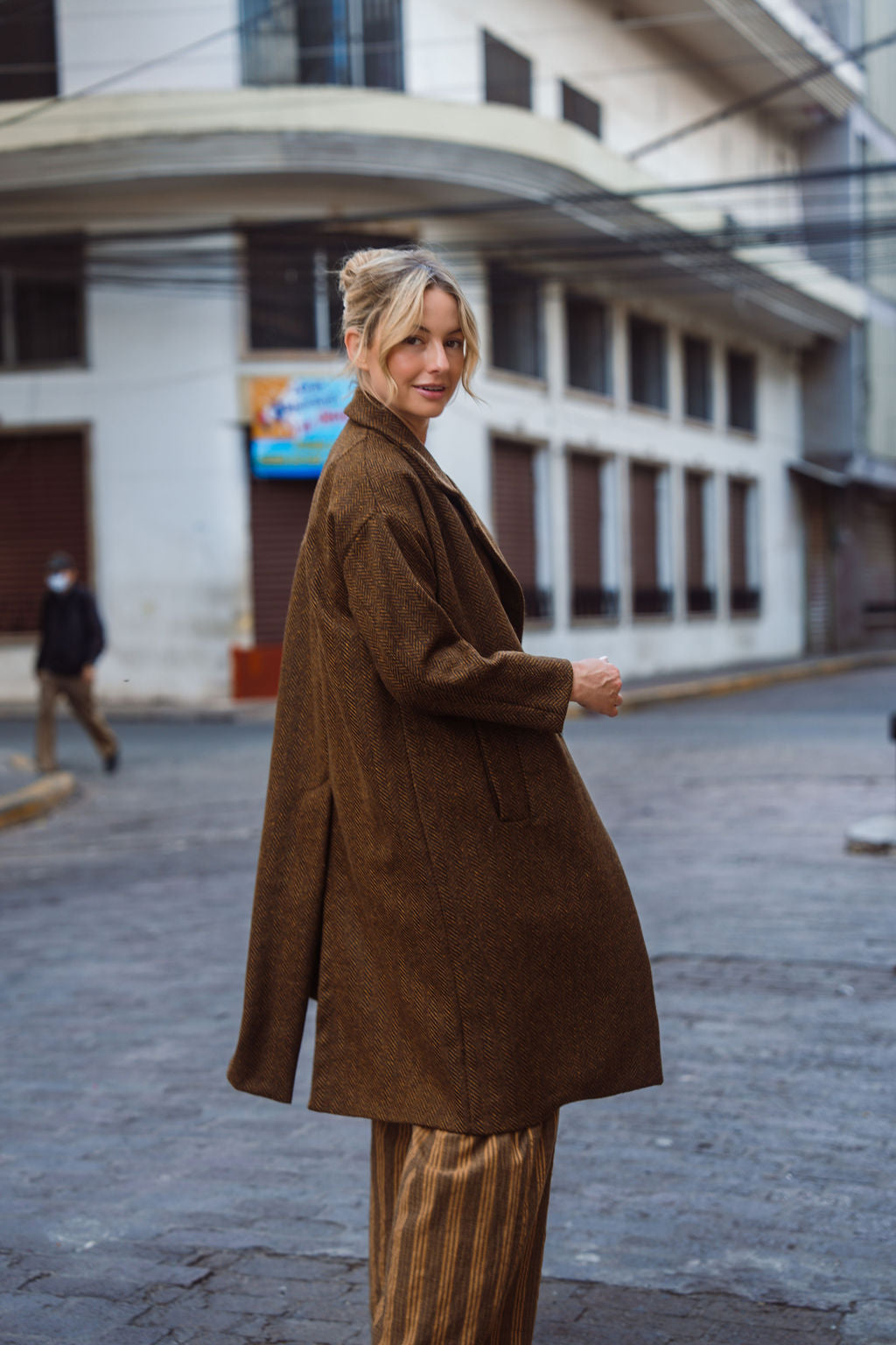 Portuguese Wool Polly Coat in Black and Brown Small Herringbone Made to Order