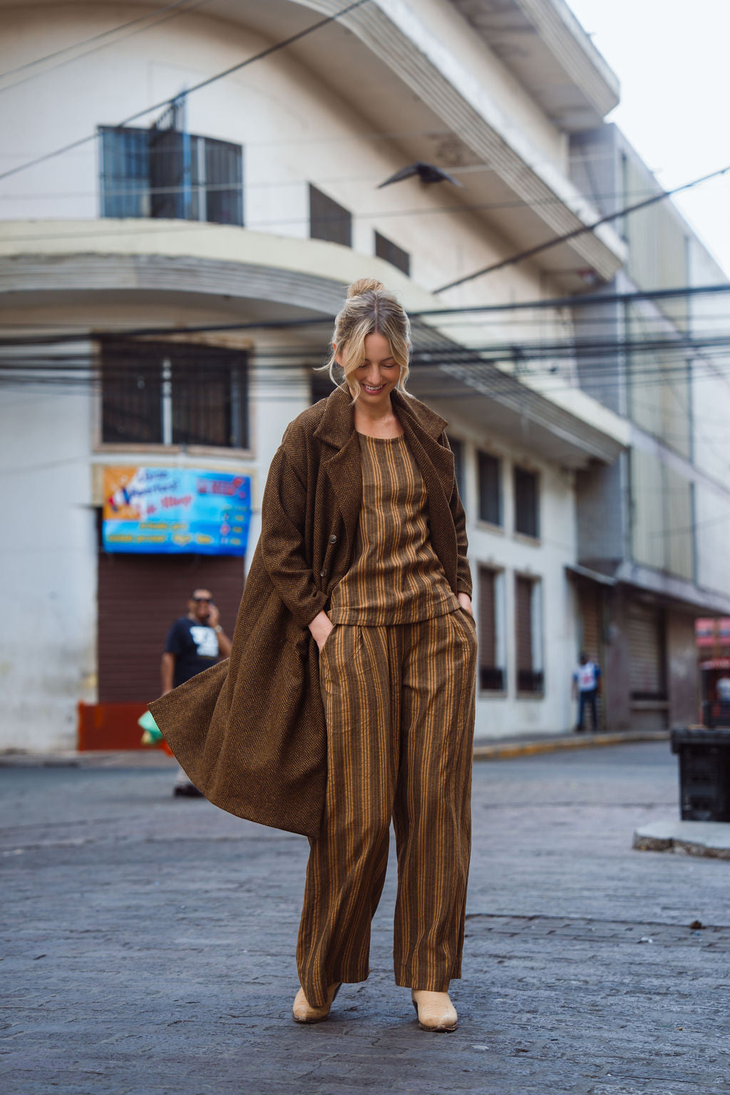 Portuguese Wool Polly Coat in Black and Brown Small Herringbone Made to Order