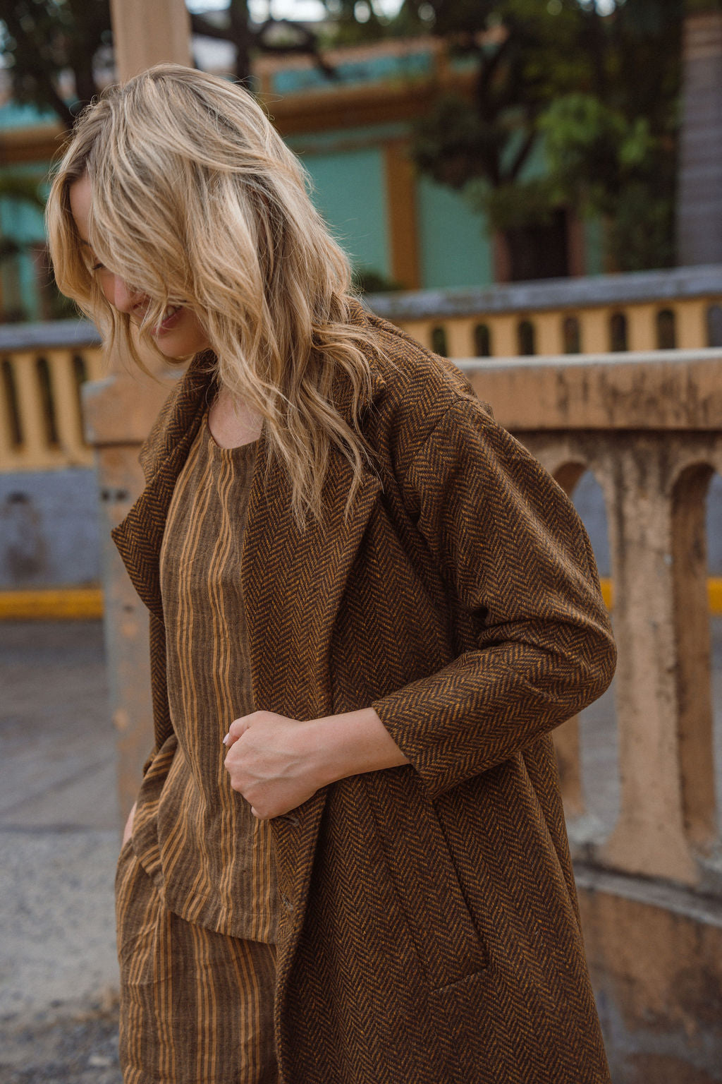 Portuguese Wool Polly Coat in Black and Brown Small Herringbone Made to Order