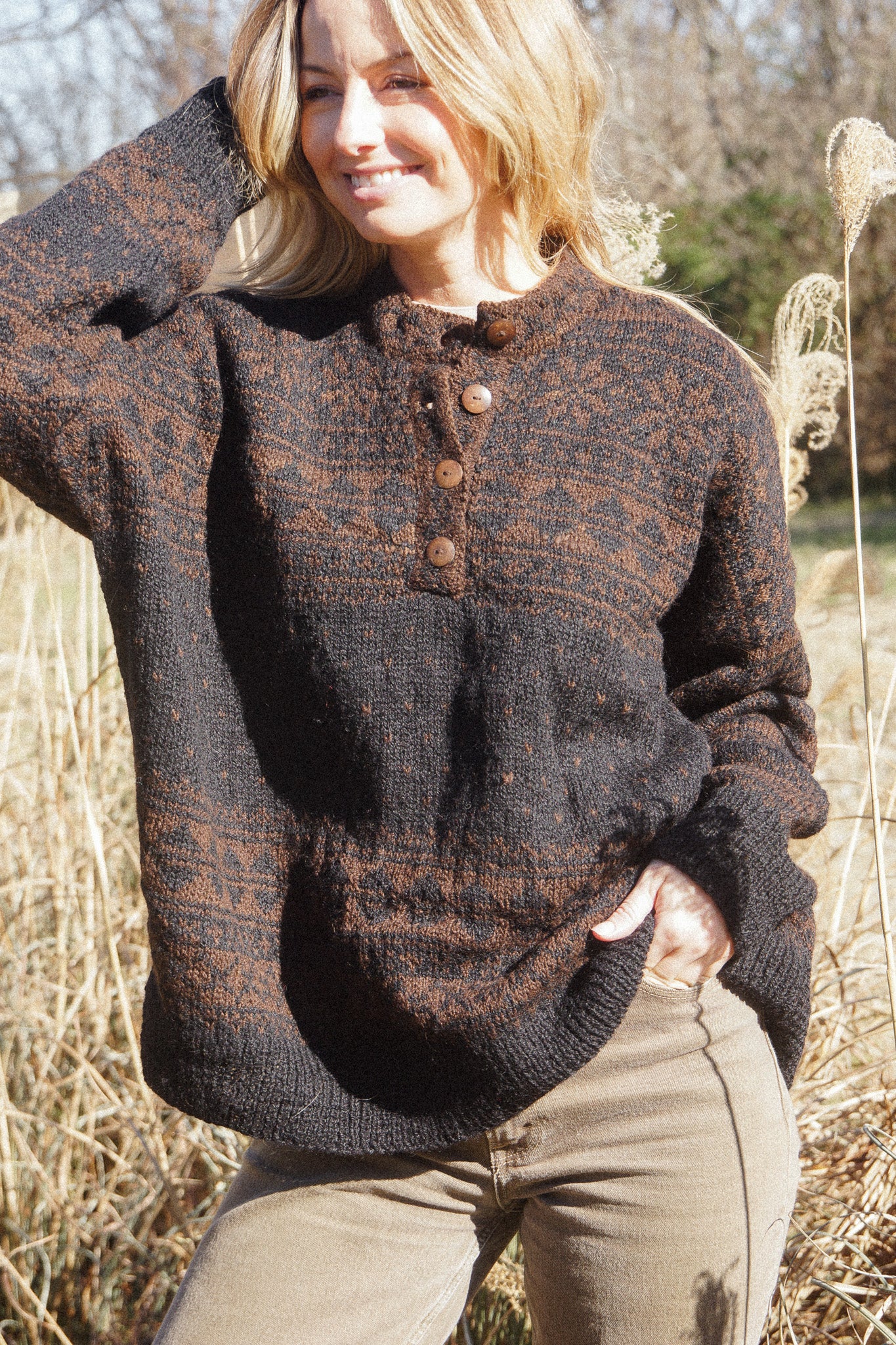 Imogene Oversized Wool Henley in Snowflake Print Made to Order