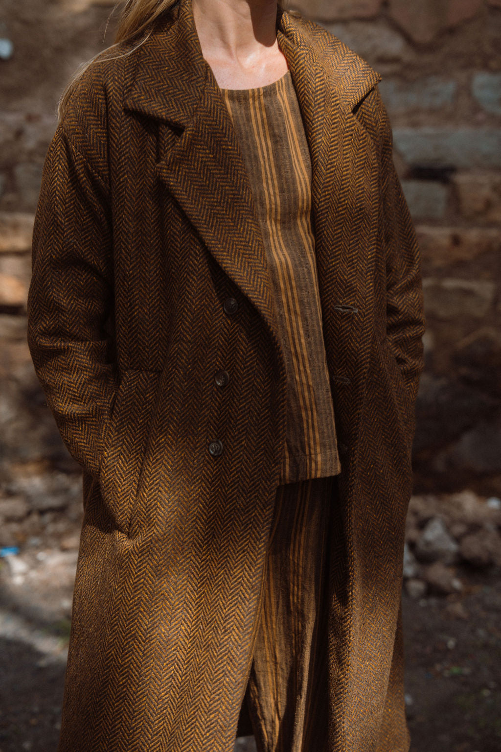 Portuguese Wool Polly Coat in Black and Brown Small Herringbone Made to Order