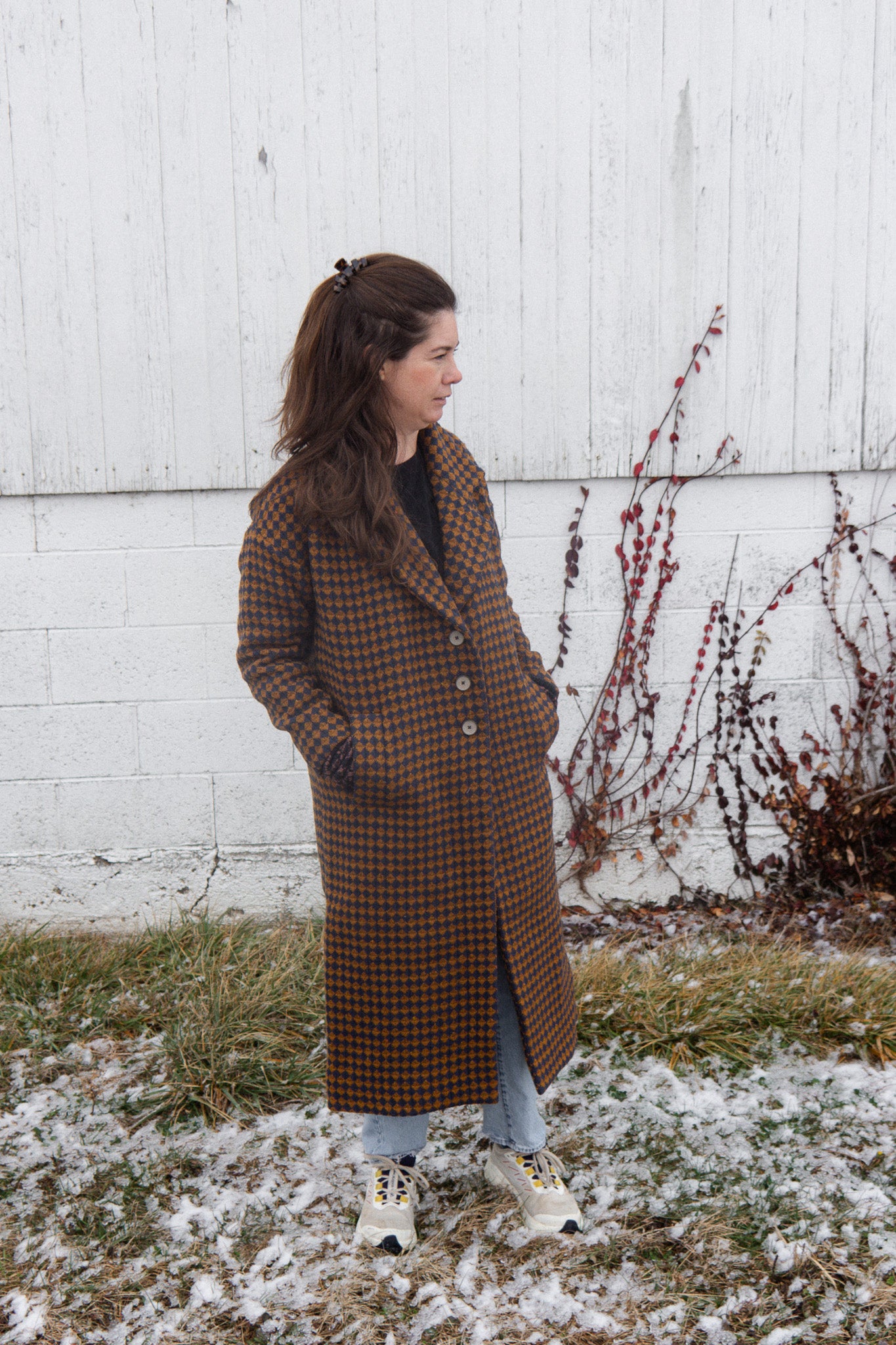 Portuguese Wool Polly Coat in Brown and Navy Check Made to Order
