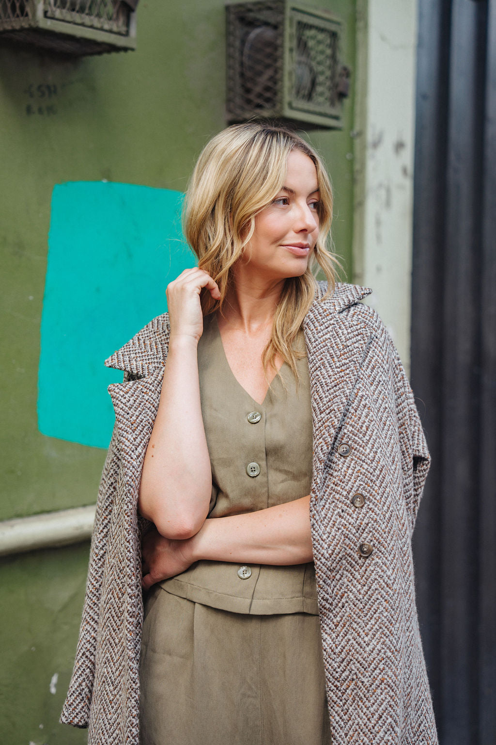 Portuguese Wool Polly Coat in Heathered Brown and Cream Herringbone Made to Order