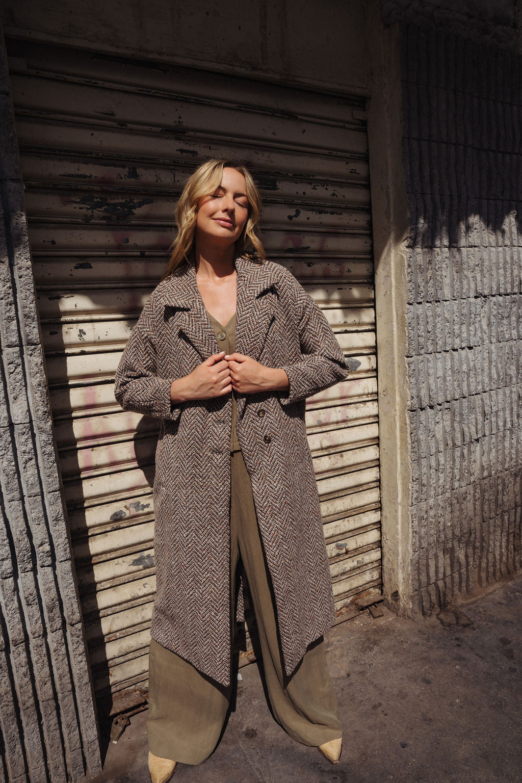 Portuguese Wool Polly Coat in Heathered Brown and Cream Herringbone Made to Order