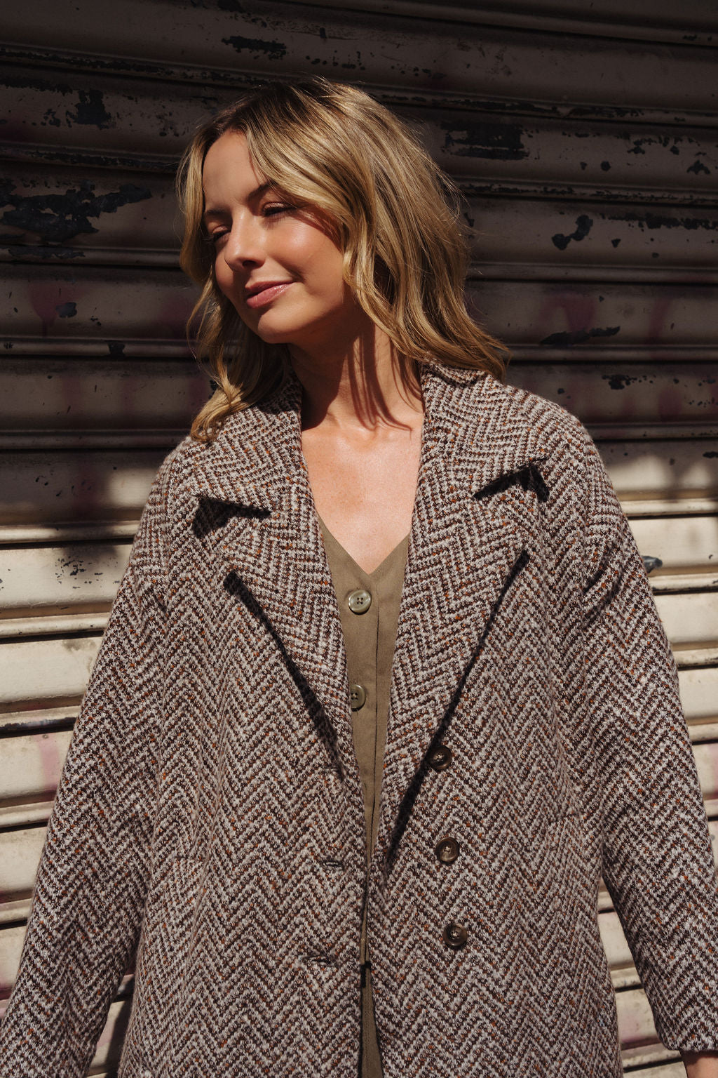 Portuguese Wool Polly Coat in Heathered Brown and Cream Herringbone Made to Order