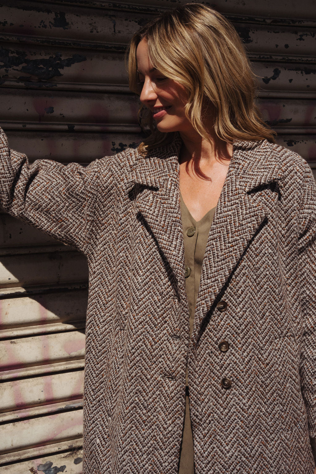 Portuguese Wool Polly Coat in Heathered Brown and Cream Herringbone Made to Order