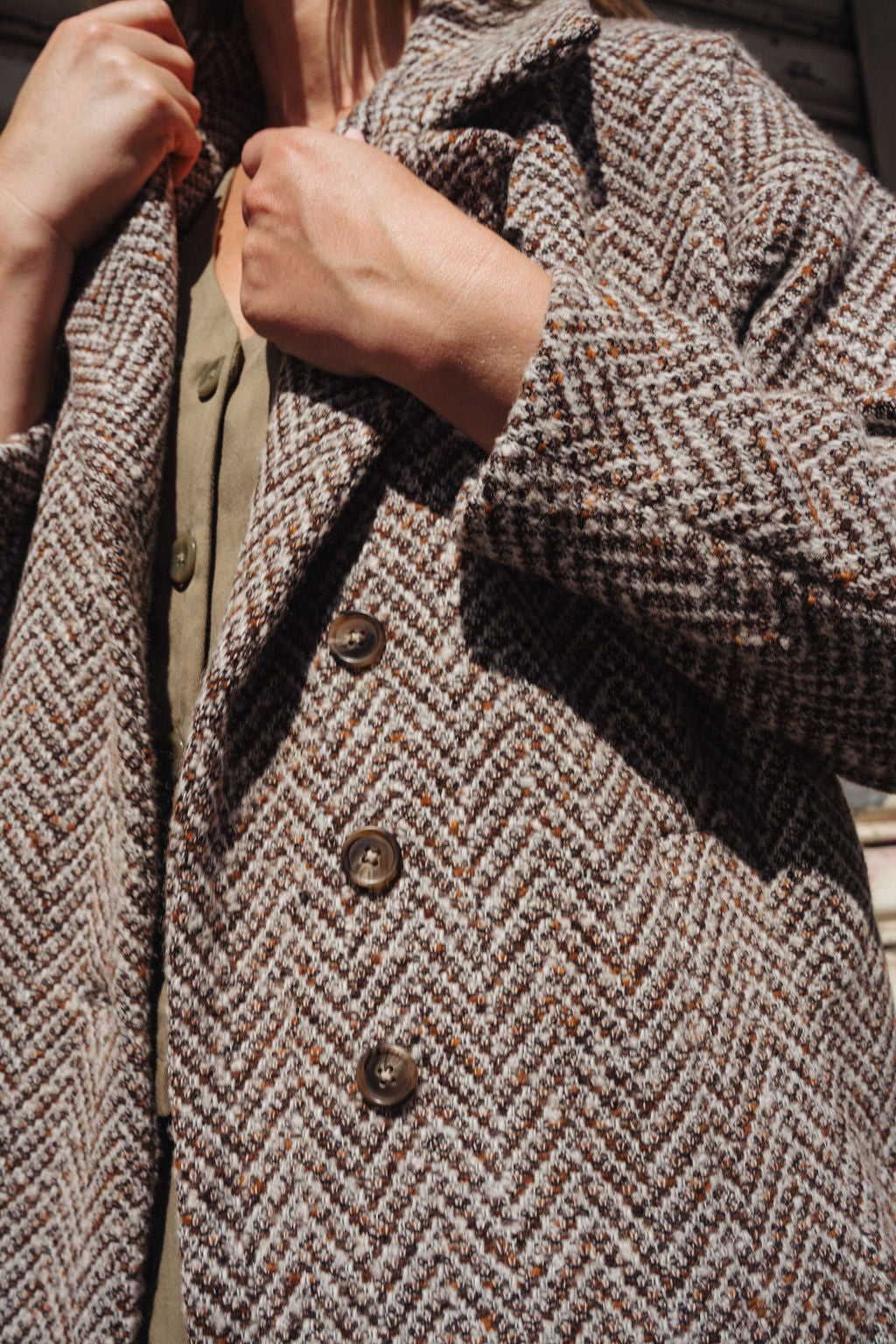 Portuguese Wool Polly Coat in Heathered Brown and Cream Herringbone Made to Order