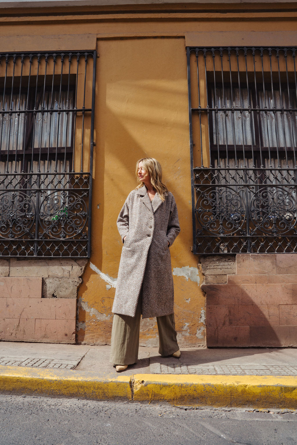 Portuguese Wool Polly Coat in Heathered Brown and Cream Herringbone Made to Order