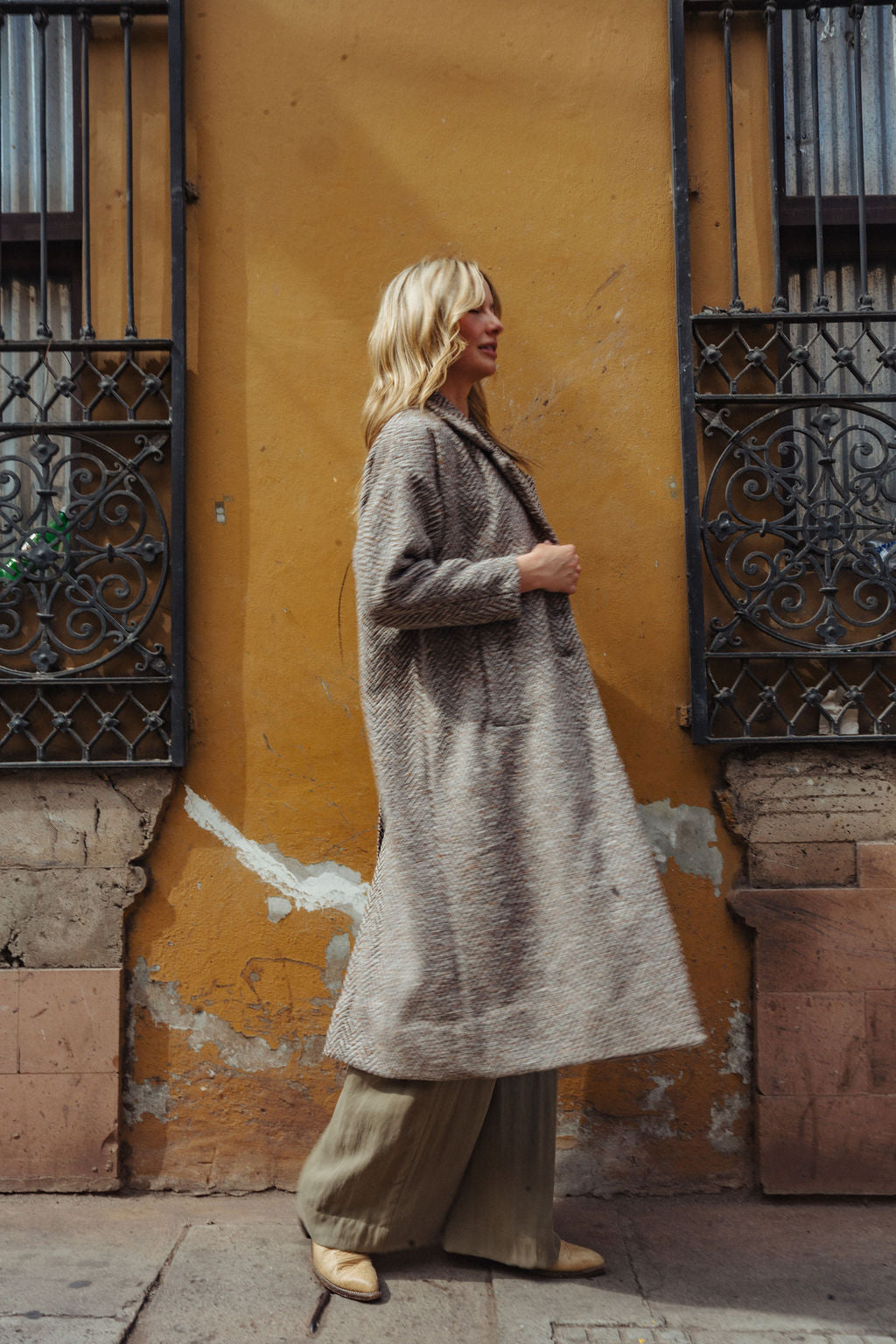 Portuguese Wool Polly Coat in Heathered Brown and Cream Herringbone Made to Order