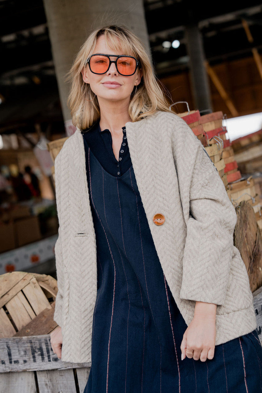Portuguese Wool Pieper Coat in Neutral Mix-Match Herringbone Made to Order