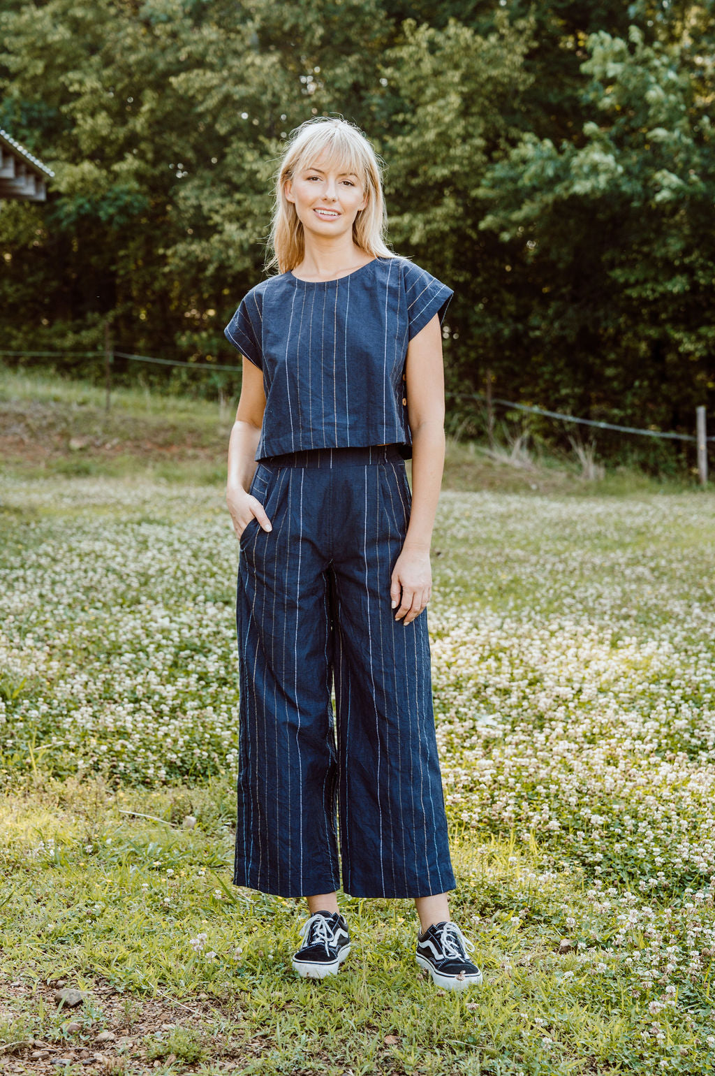 Katie Handwoven Cotton Set in Navy Pin Stripe - Pants in Multiple Sizes and XXL Set Left
