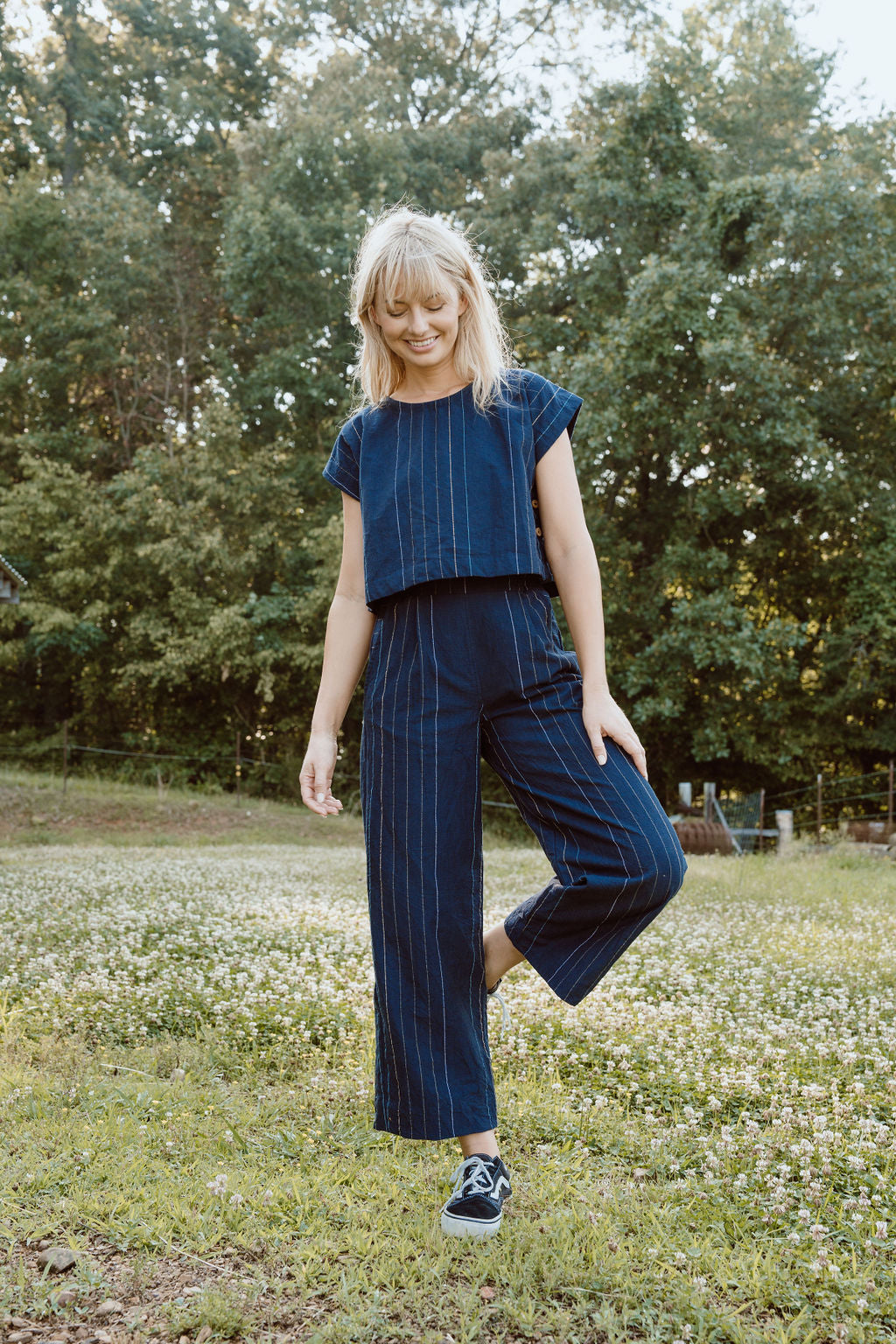 Katie Handwoven Cotton Set in Navy Pin Stripe - Pants in Multiple Sizes and XXL Set Left
