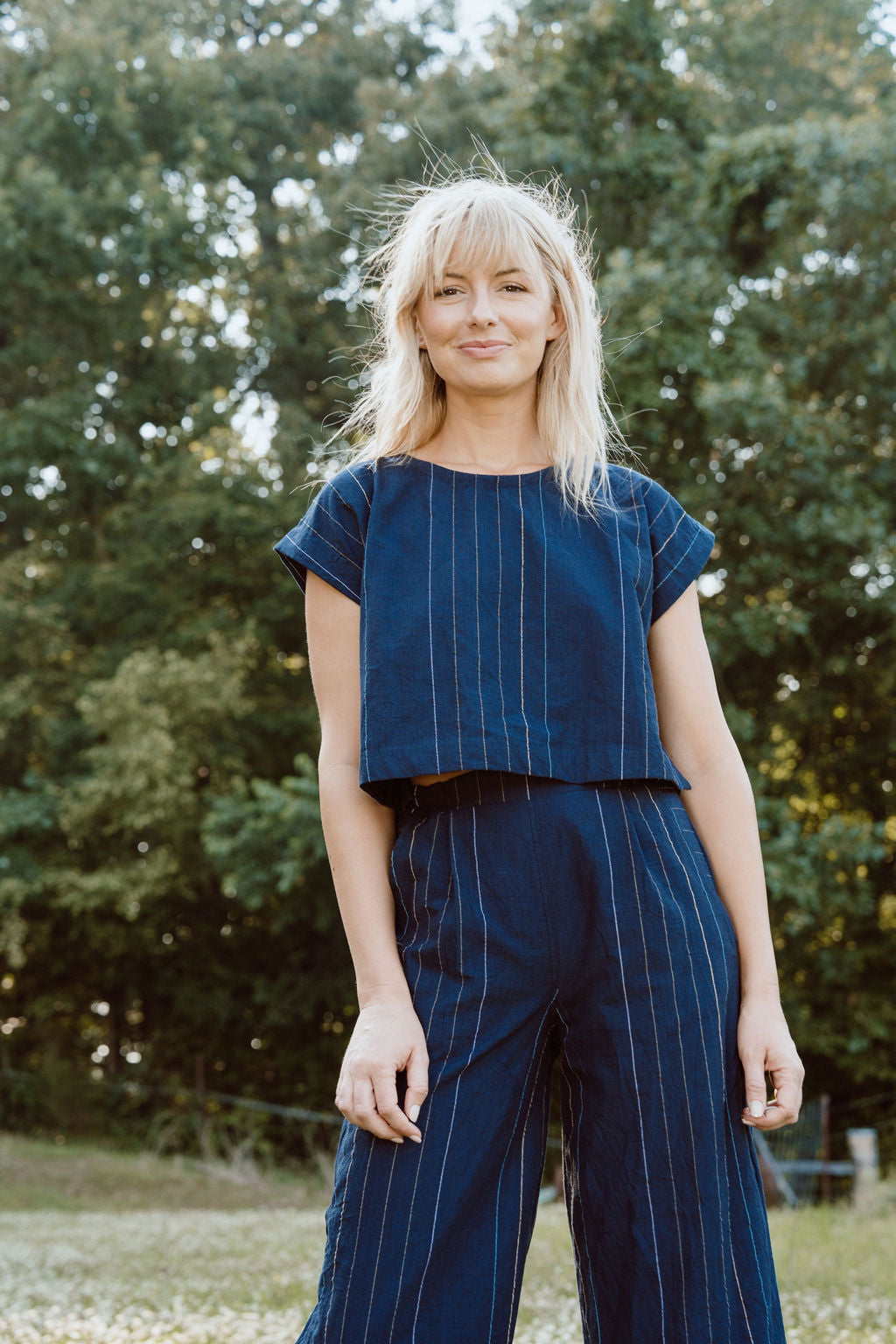 Katie Handwoven Cotton Set in Navy Pin Stripe - Pants in Multiple Sizes and XXL Set Left