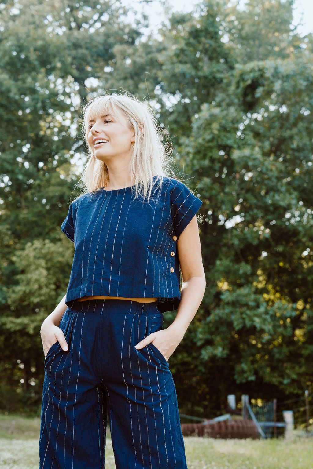 Katie Handwoven Cotton Set in Navy Pin Stripe - Pants in Multiple Sizes and XXL Set Left
