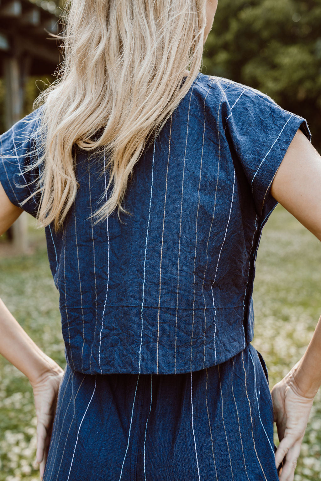 Katie Handwoven Cotton Set in Navy Pin Stripe - Pants in Multiple Sizes and XXL Set Left