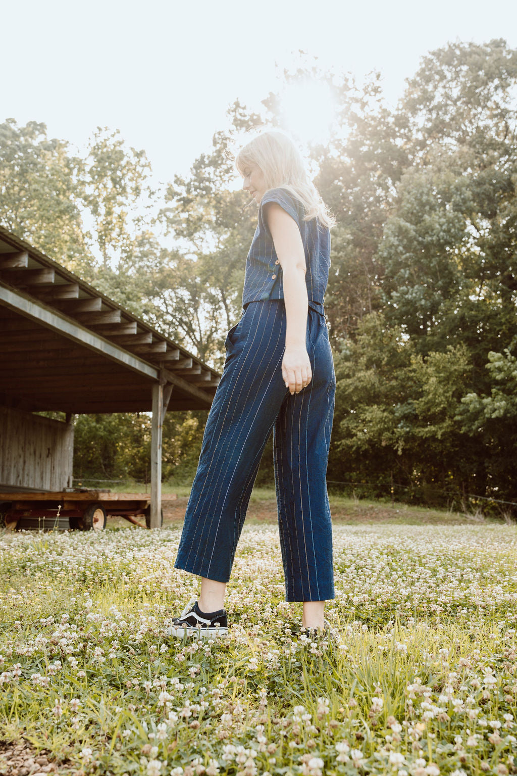 Katie Handwoven Cotton Set in Navy Pin Stripe - Pants in Multiple Sizes and XXL Set Left
