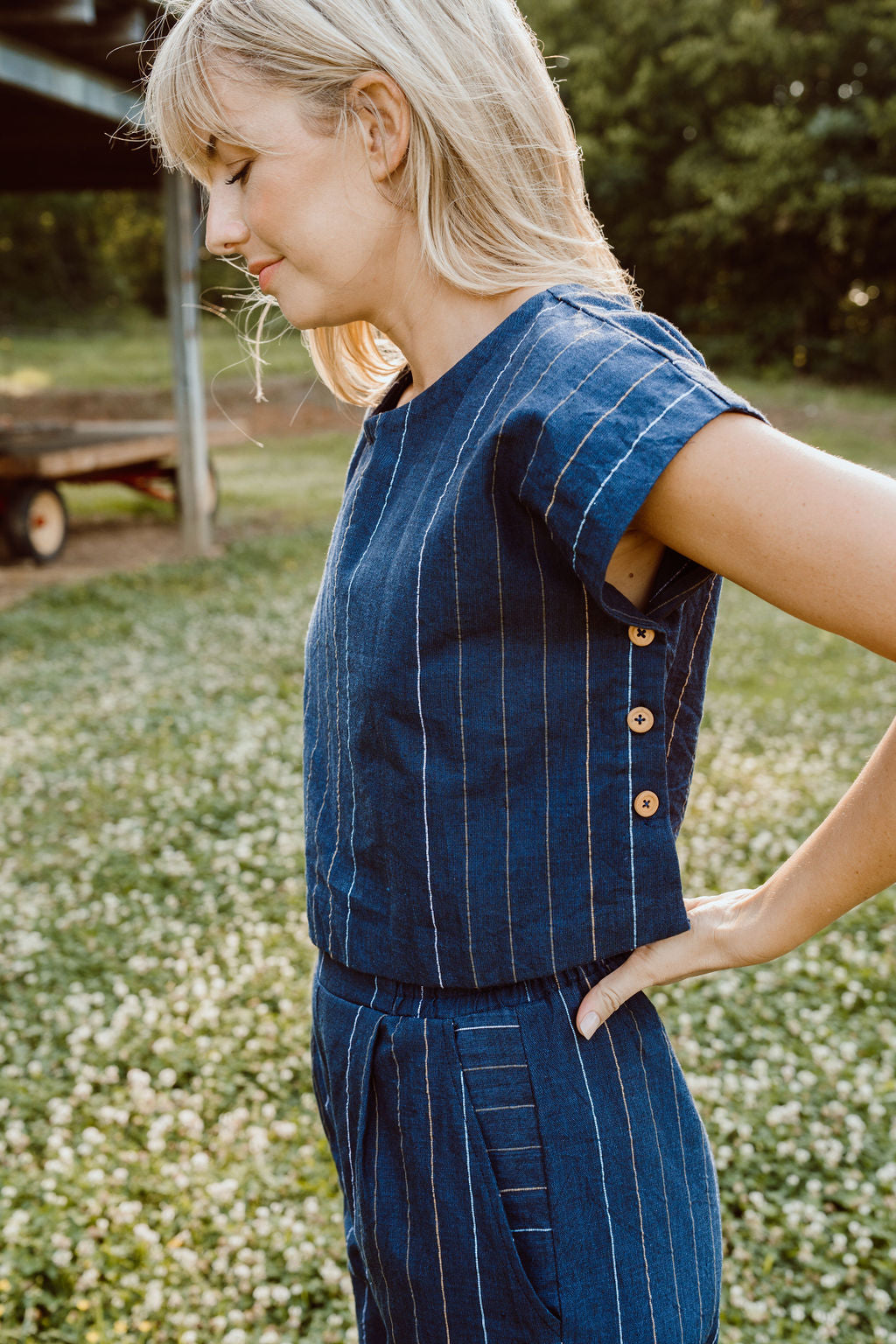 Katie Handwoven Cotton Set in Navy Pin Stripe - Pants in Multiple Sizes and XXL Set Left