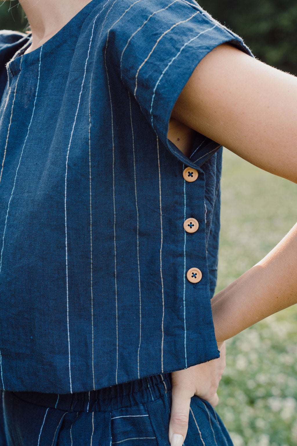 Katie Handwoven Cotton Set in Navy Pin Stripe - Pants in Multiple Sizes and XXL Set Left