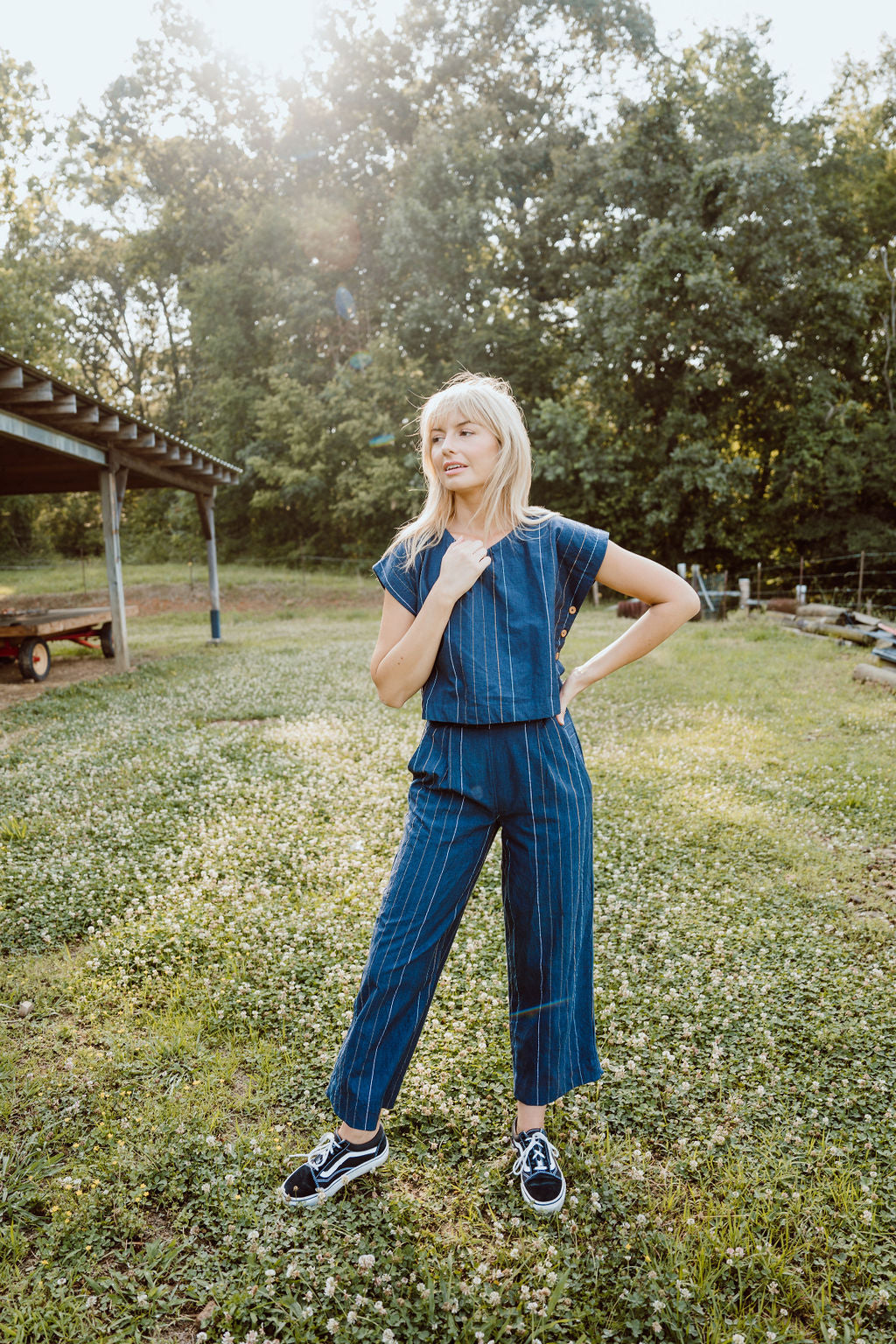 Katie Handwoven Cotton Set in Navy Pin Stripe - Pants in Multiple Sizes and XXL Set Left