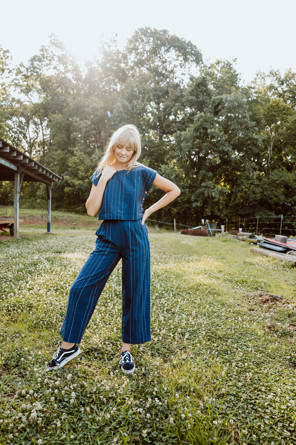 Katie Handwoven Cotton Set in Navy Pin Stripe - Pants in Multiple Sizes and XXL Set Left